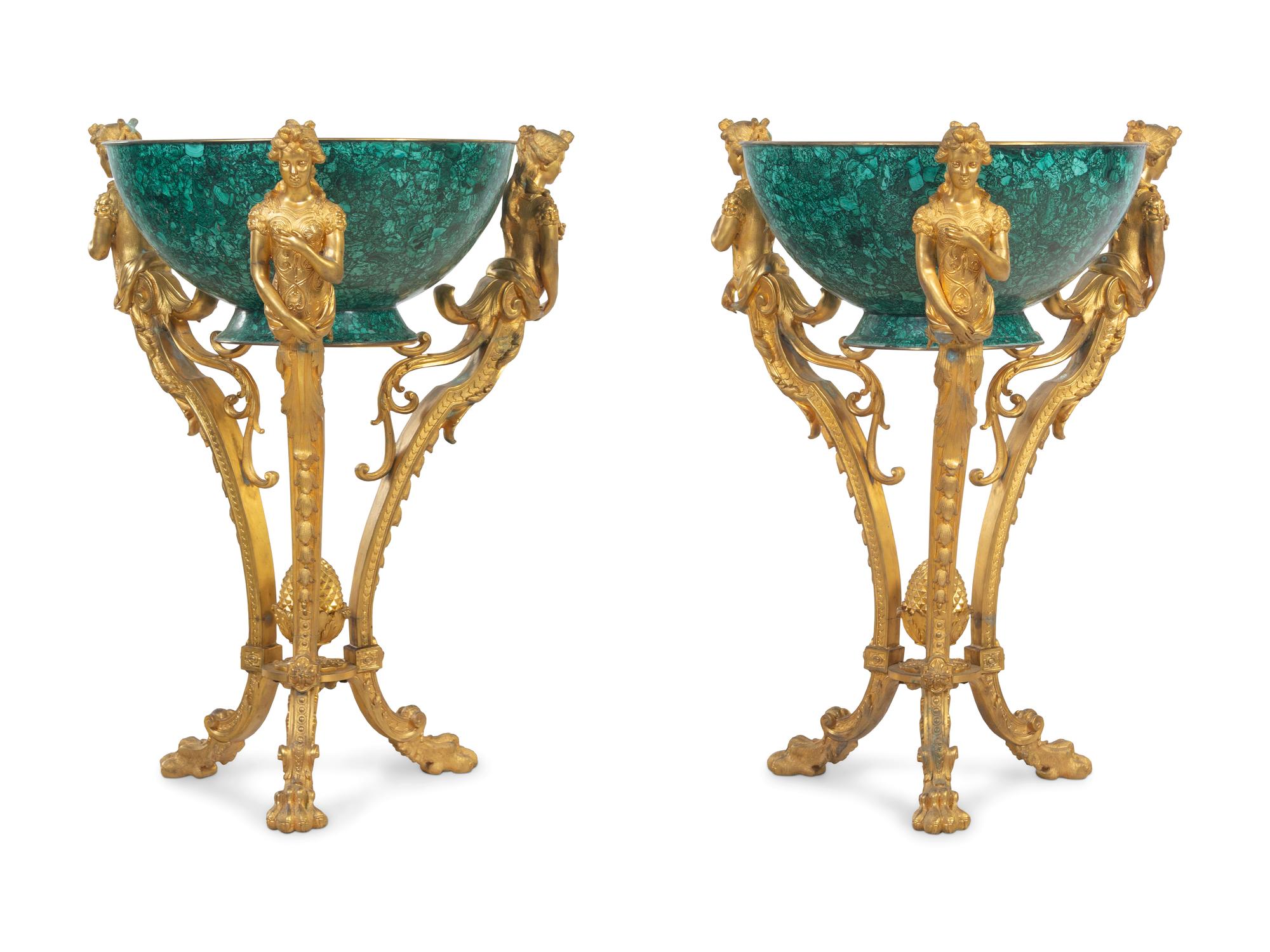 A Pair of Empire Style Gilt Bronze and Malachite Veneered Wine Coolers