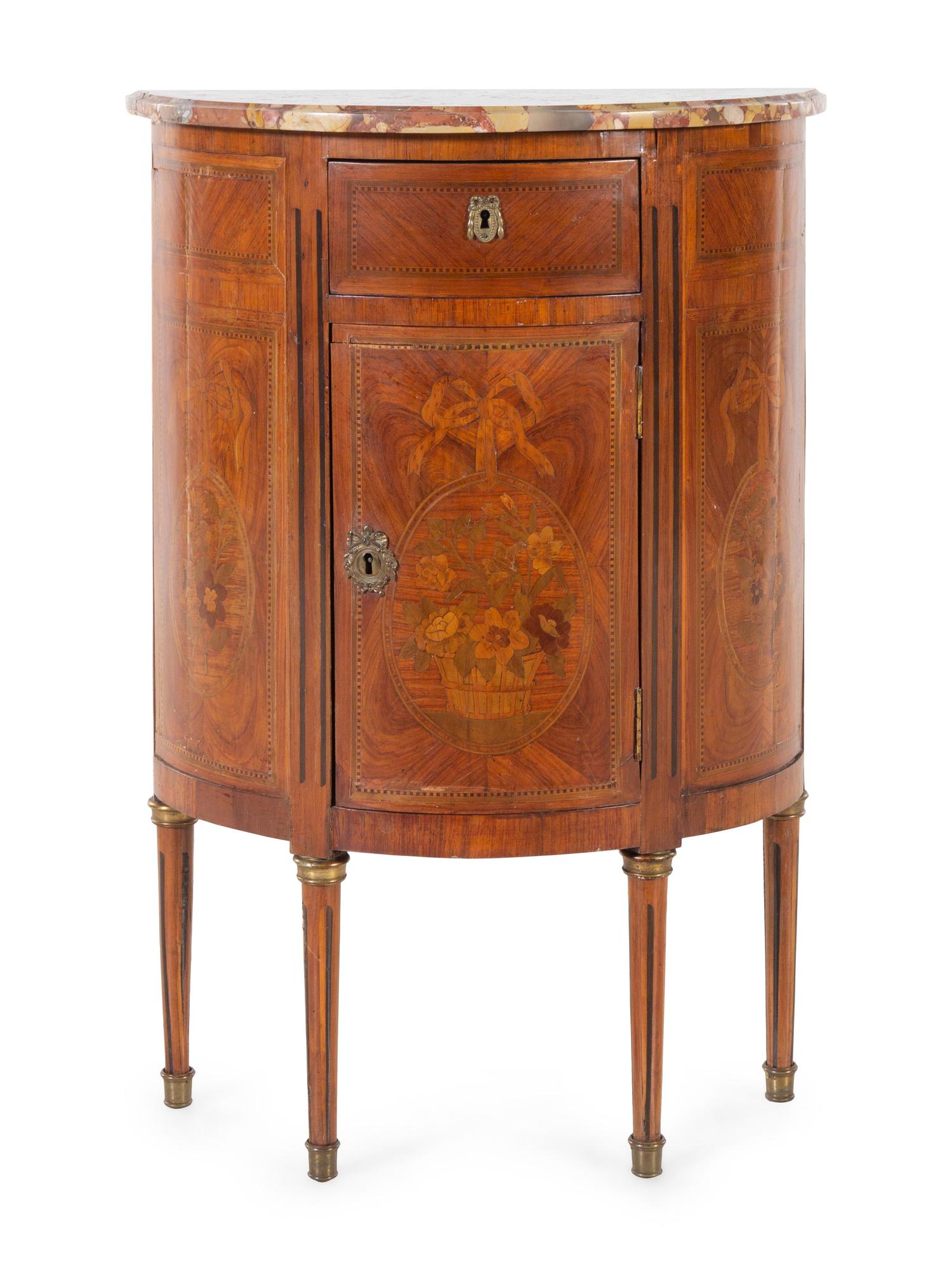 A Louis XVI Style Marquetry Marble-Top Cabinet
