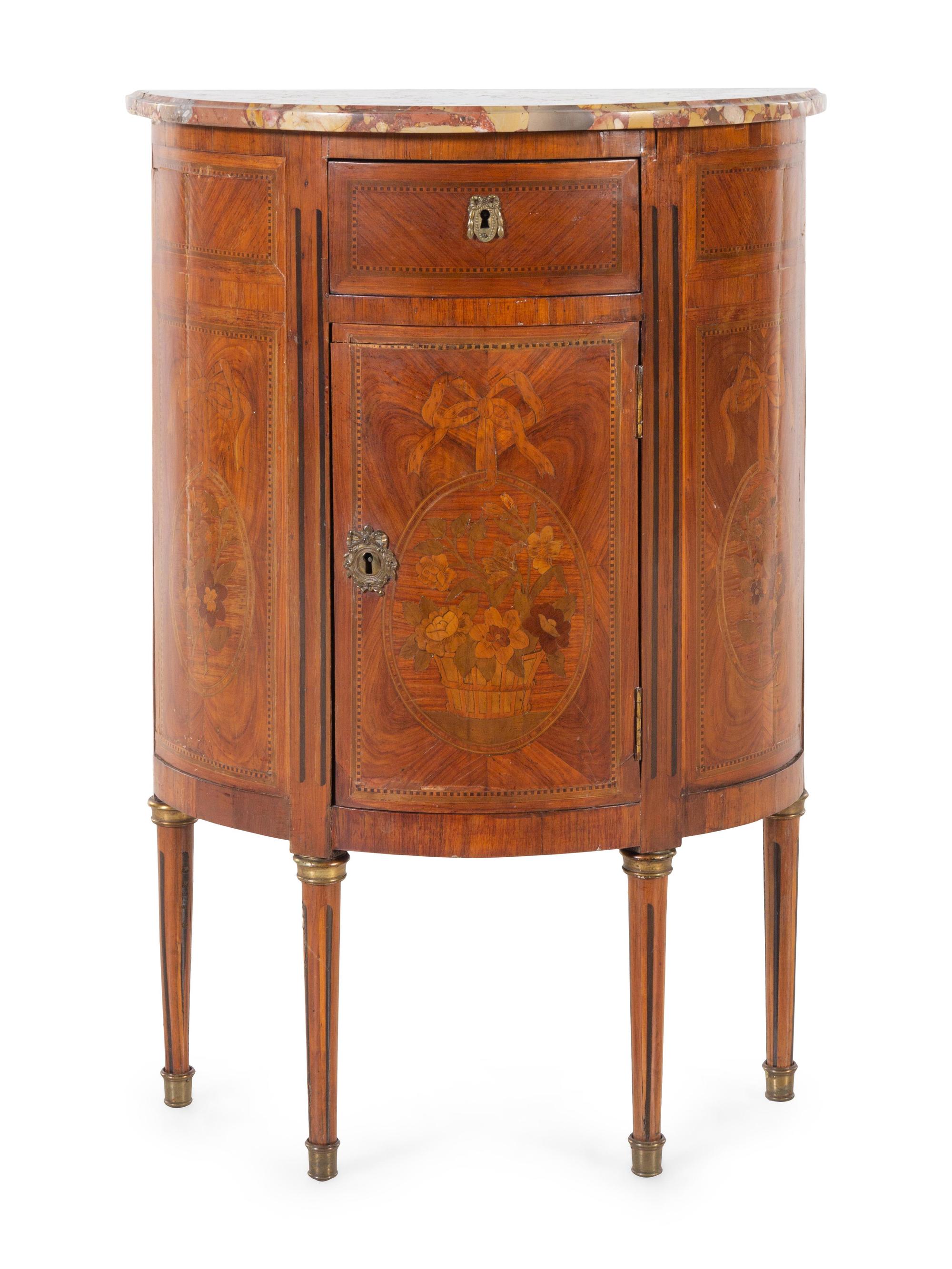 A Louis XVI Style Marquetry Marble-Top Cabinet