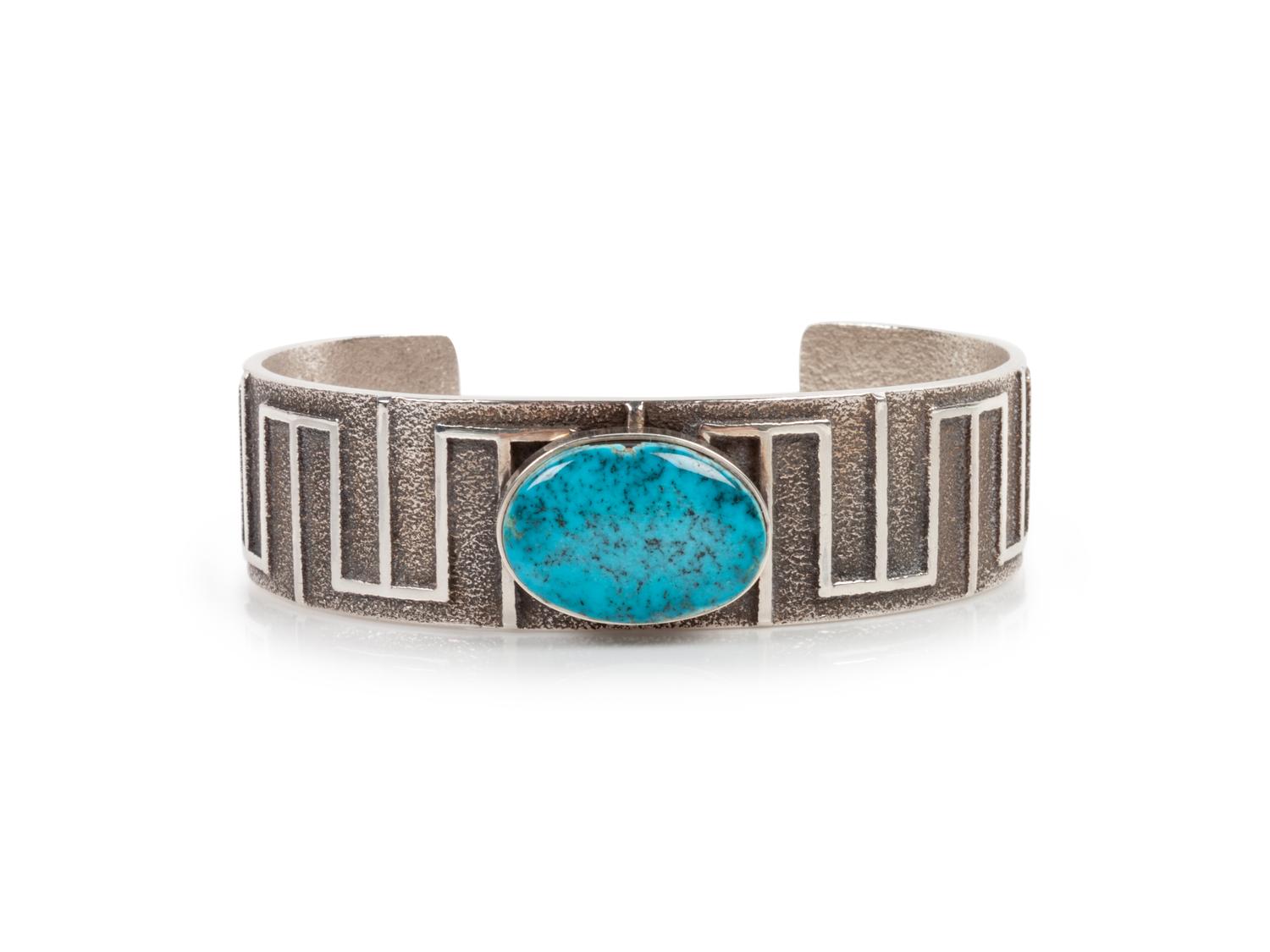 Sterling Silver Tufa Cast and Lone Mountain Turquoise Cuff Bracelet