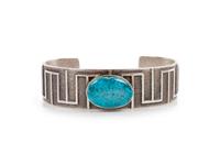 Sterling Silver Tufa Cast and Lone Mountain Turquoise Cuff Bracelet
