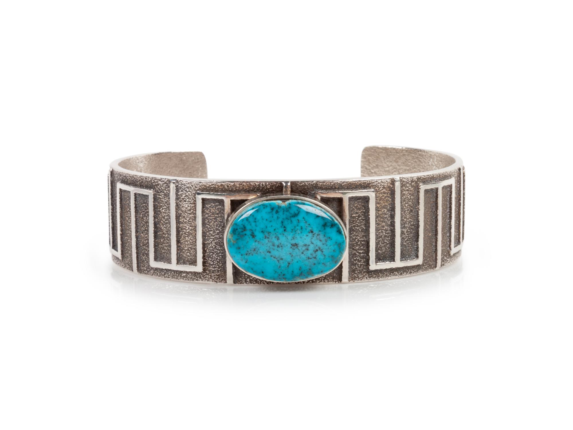Sterling Silver Tufa Cast and Lone Mountain Turquoise Cuff Bracelet