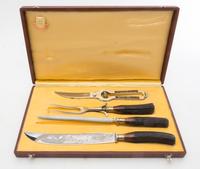 A Victorian Silver-plate Antler Handled Carving Set Length of first knife 13 1/4 inches. — 19TH CENTURY