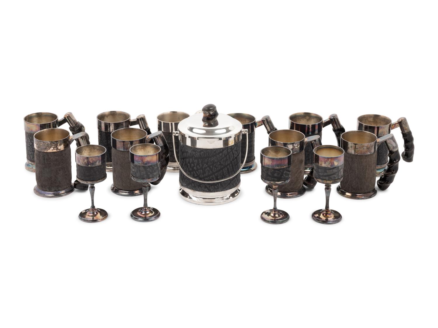 A Set of Silver-Plate and Hide Drinkware