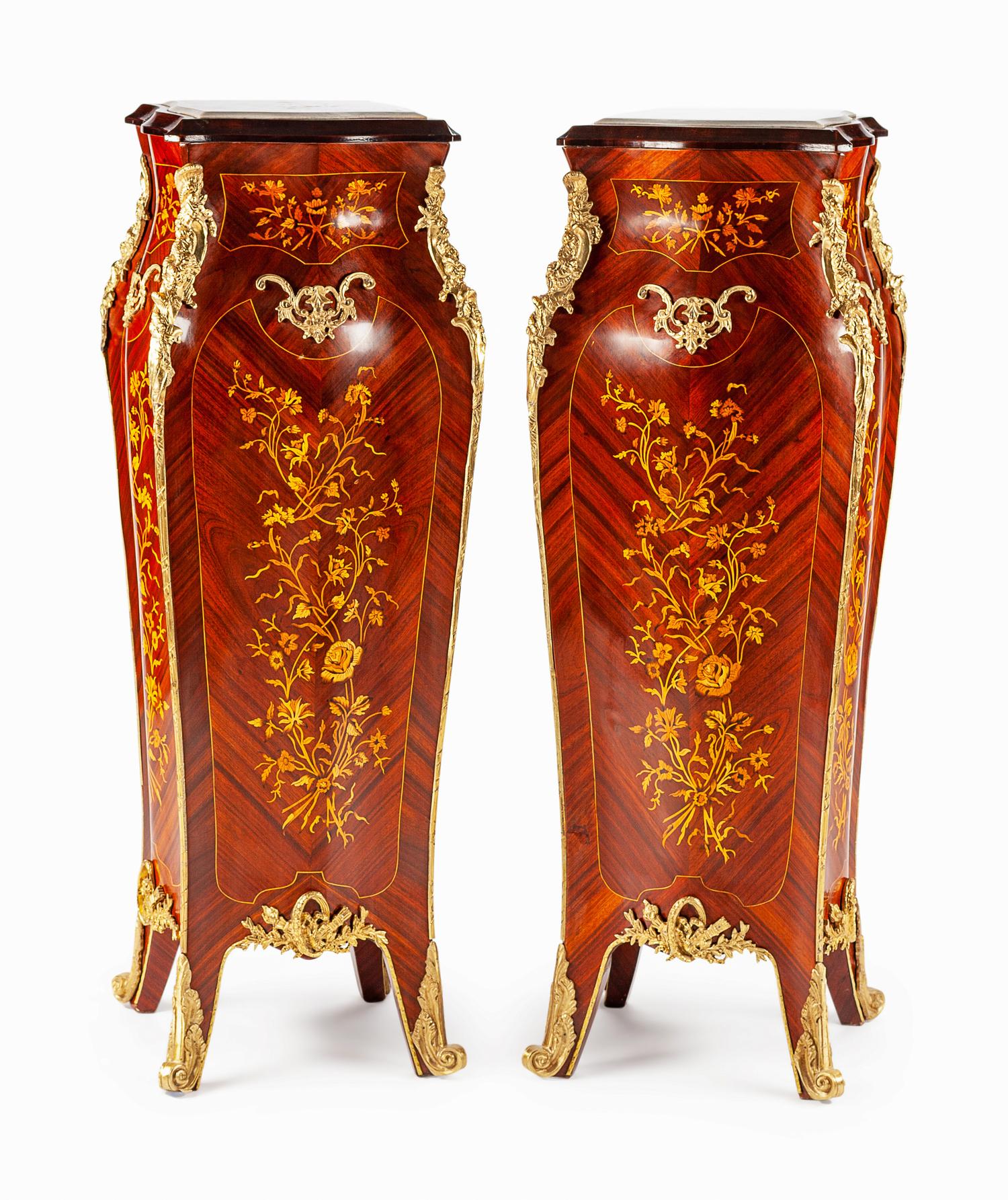 A Louis XV Style Gilt Metal Mounted Marquetry Pedestals