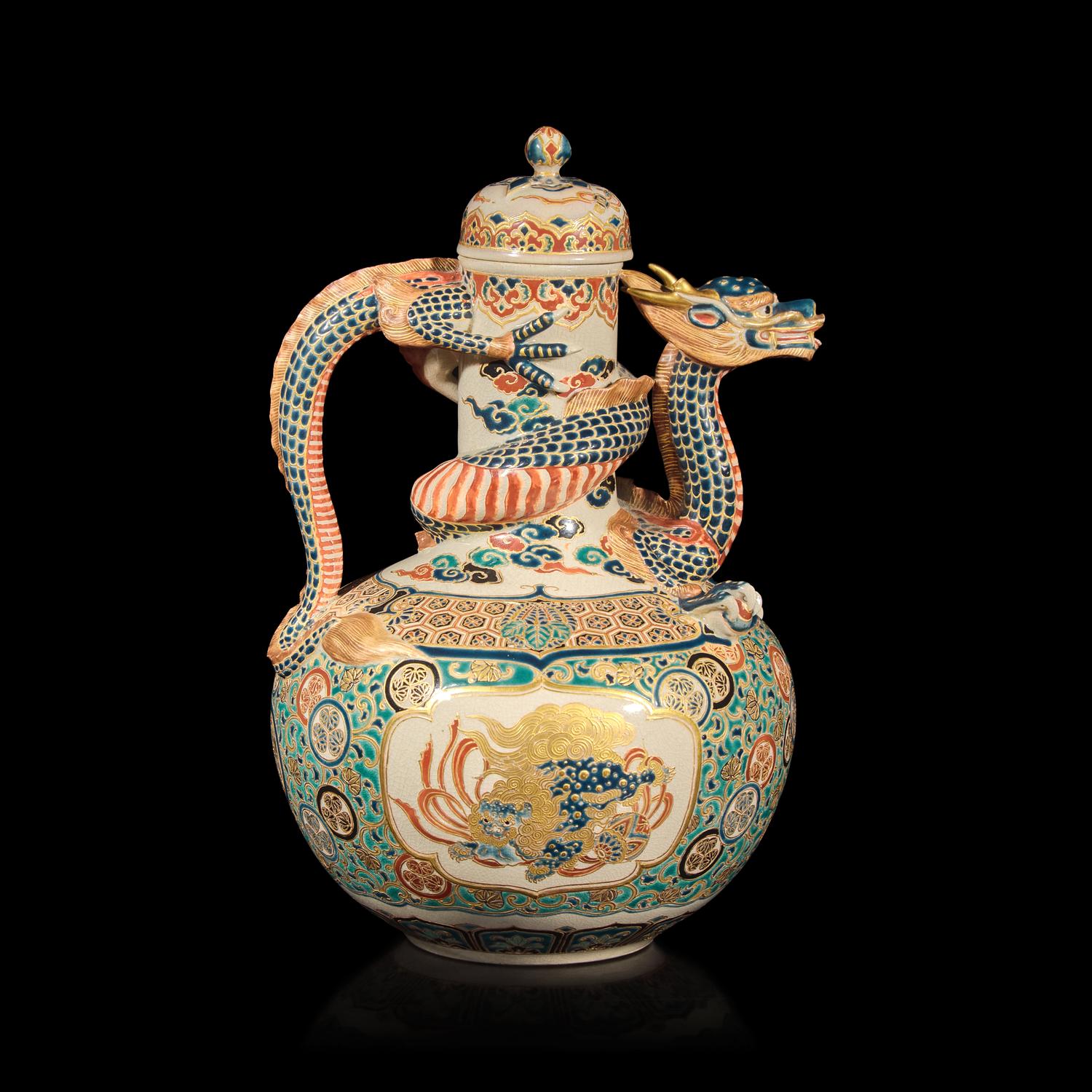A Japanese "Gosu" Blue Decorated Satsuma-Type "Dragon" Ewer, Signed, Meiji Period