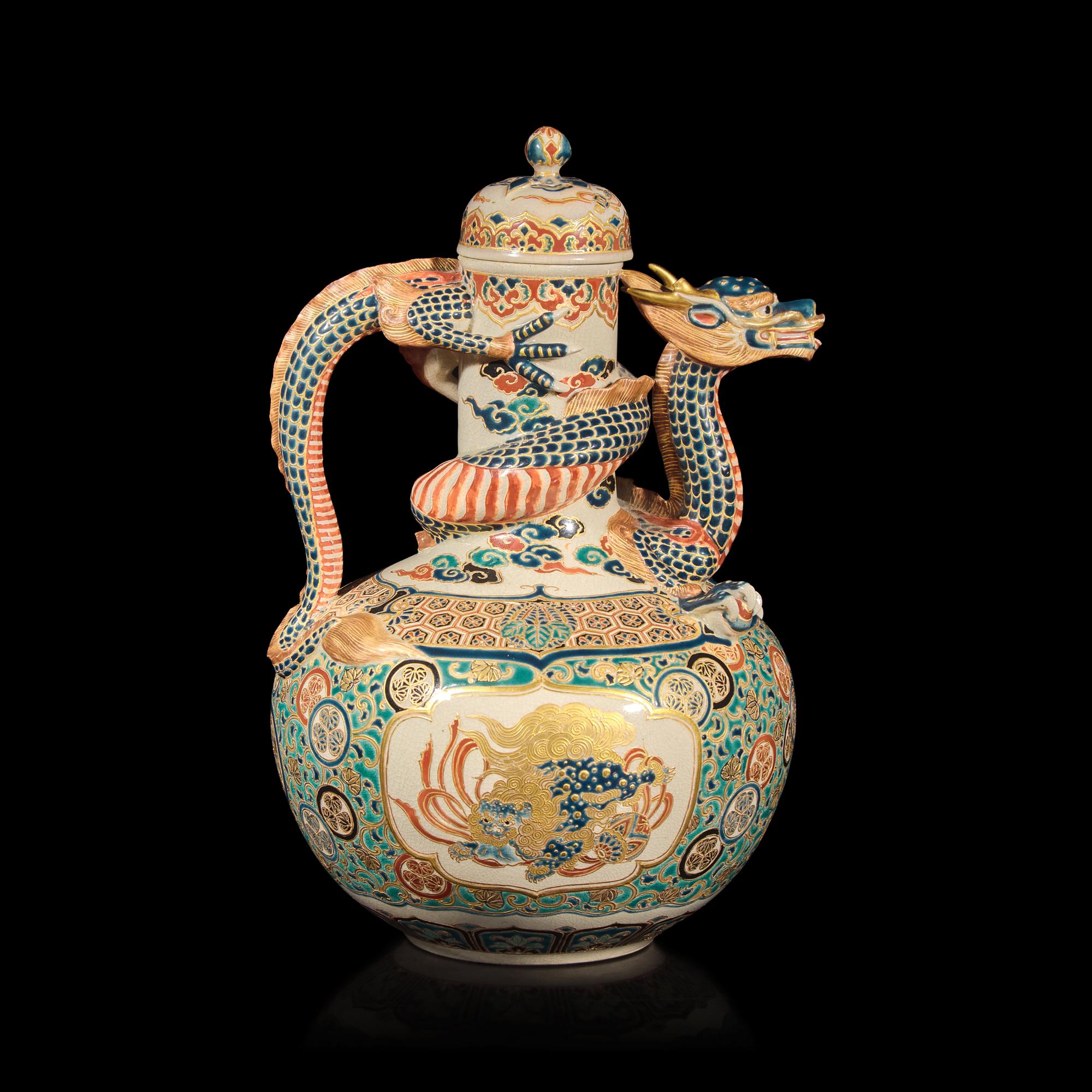 A Japanese "Gosu" Blue Decorated Satsuma-Type "Dragon" Ewer, Signed, Meiji Period