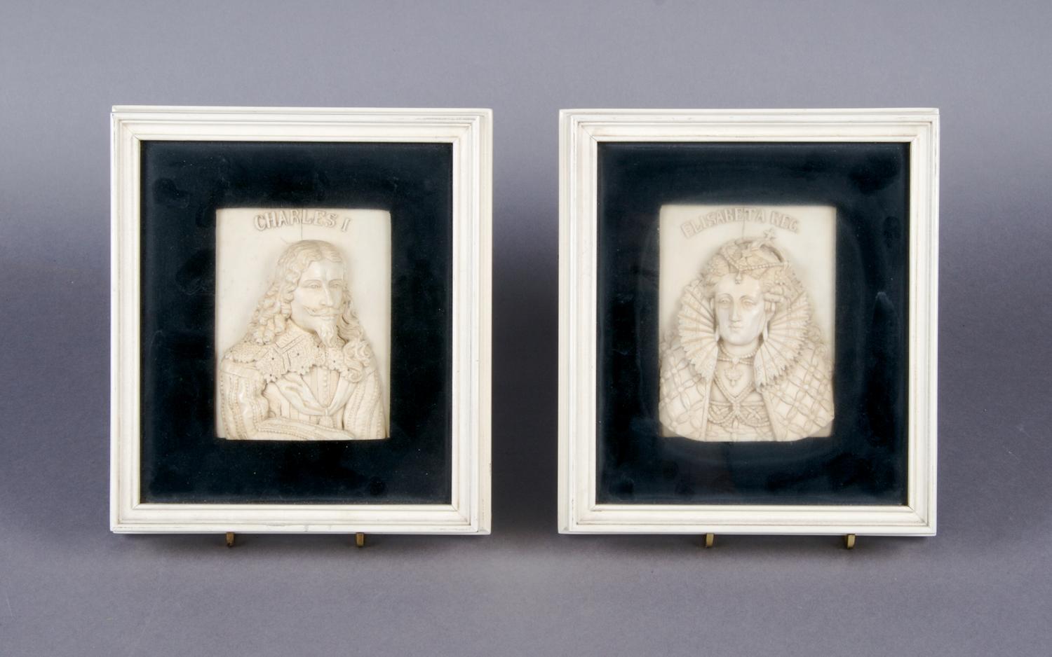 A Group of Two Continental Carved Ivory Portrait Plaques, attributed to Dieppe, Height of ivory 4 inches x width 3 inches.