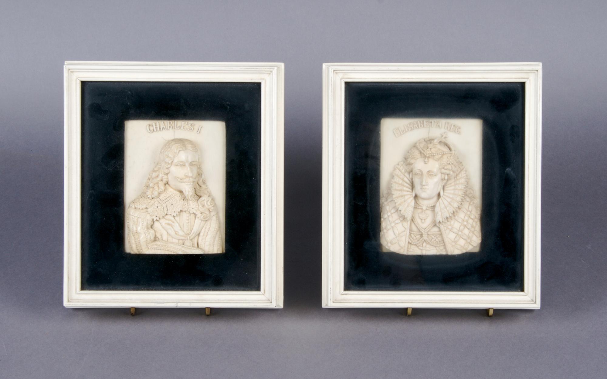 A Group of Two Continental Carved Ivory Portrait Plaques, attributed to Dieppe, Height of ivory 4 inches x width 3 inches.