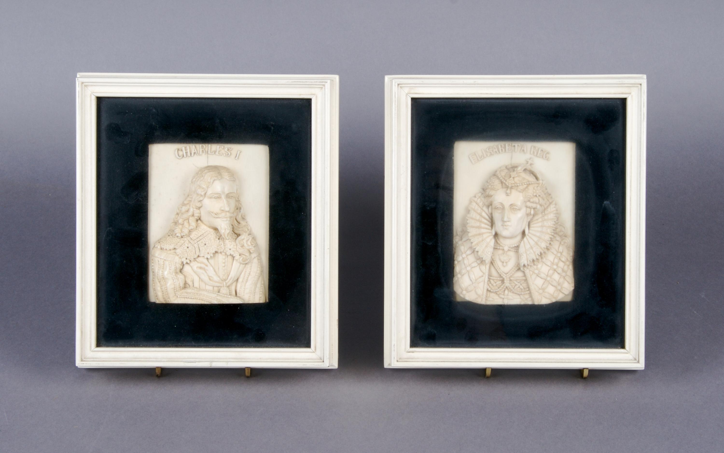 A Group of Two Continental Carved Ivory Portrait Plaques, attributed to Dieppe, Height of ivory 4 inches x width 3 inches.