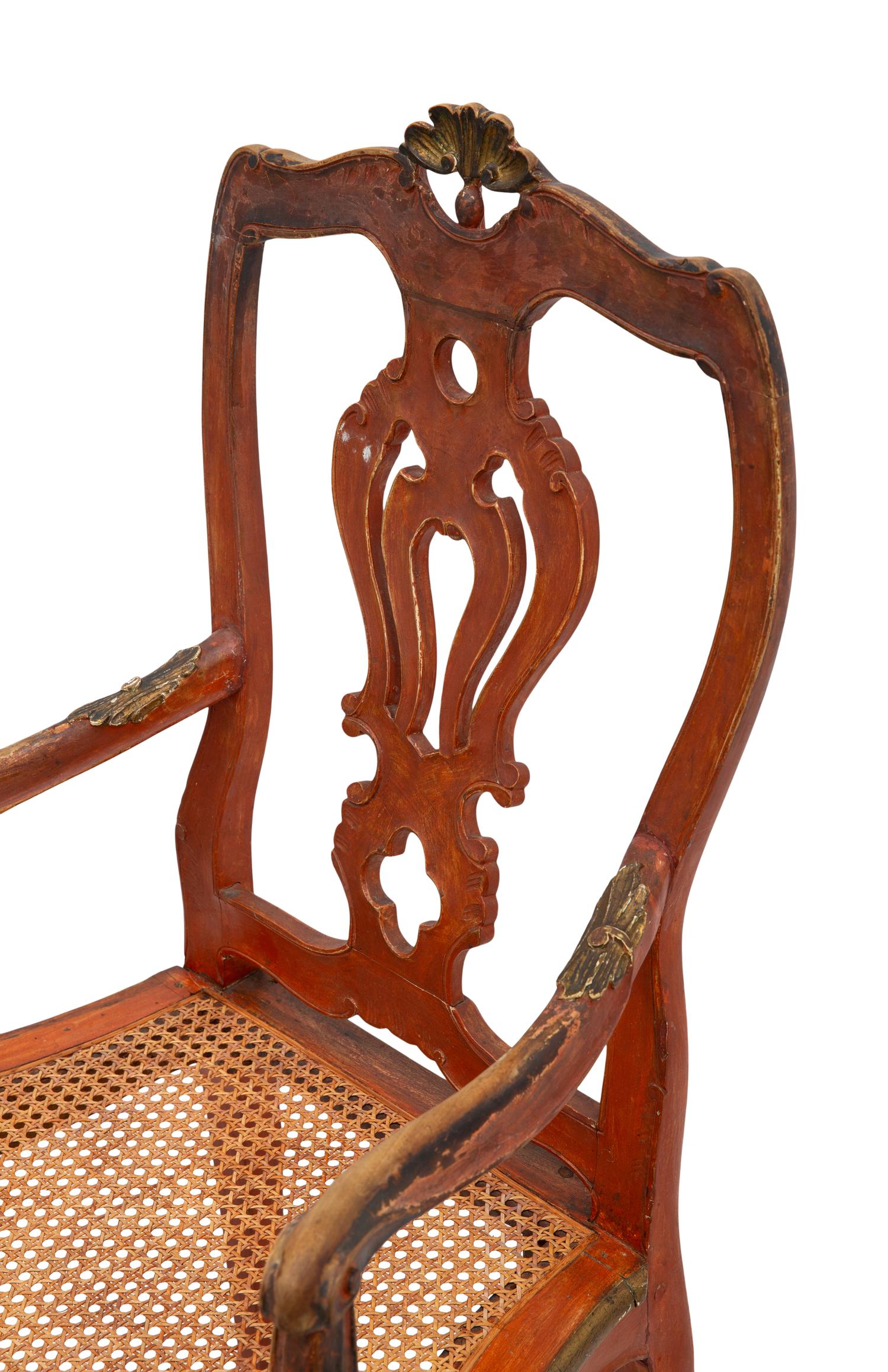 A Pair of Italian Rococo Style Bole-Painted and Parcel Gilt Armchairs