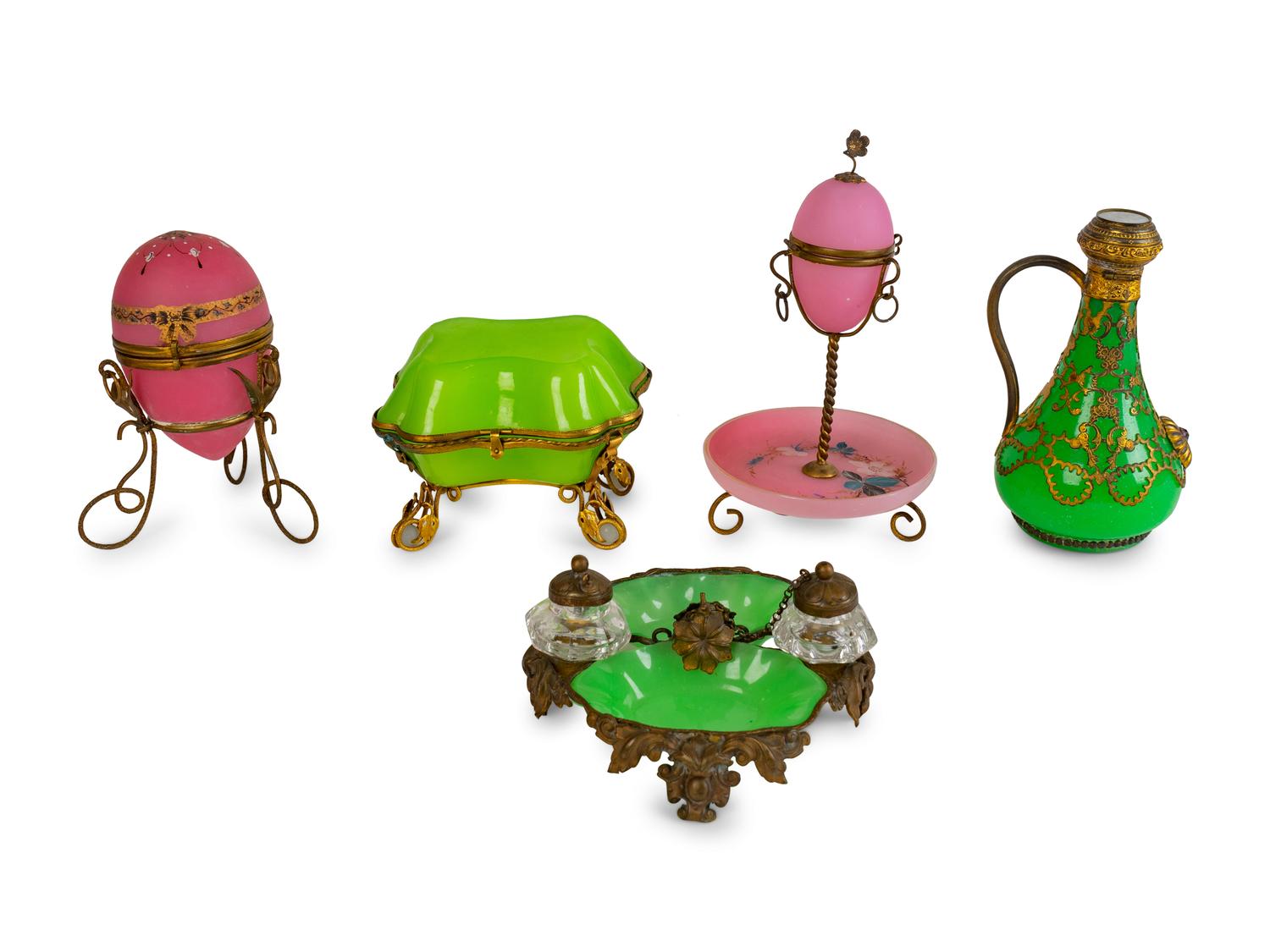 A Group of Five French Opaline Glass and Gilt Metal Mounted Desk Articles — 19TH CENTURY