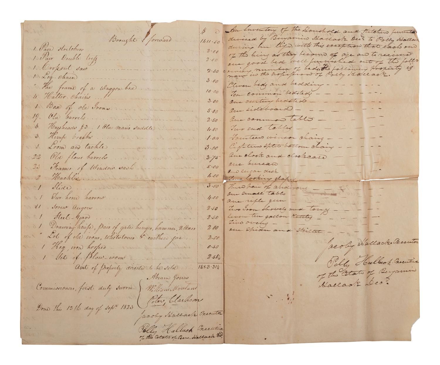 [ENSLAVEMENT & ABOLITION]. Estate inventory document listing 37 enslaved persons, most with names and ages recorded, including 7 who have "sued for their freedom." Bourbon County, KY, 12 September 1823.