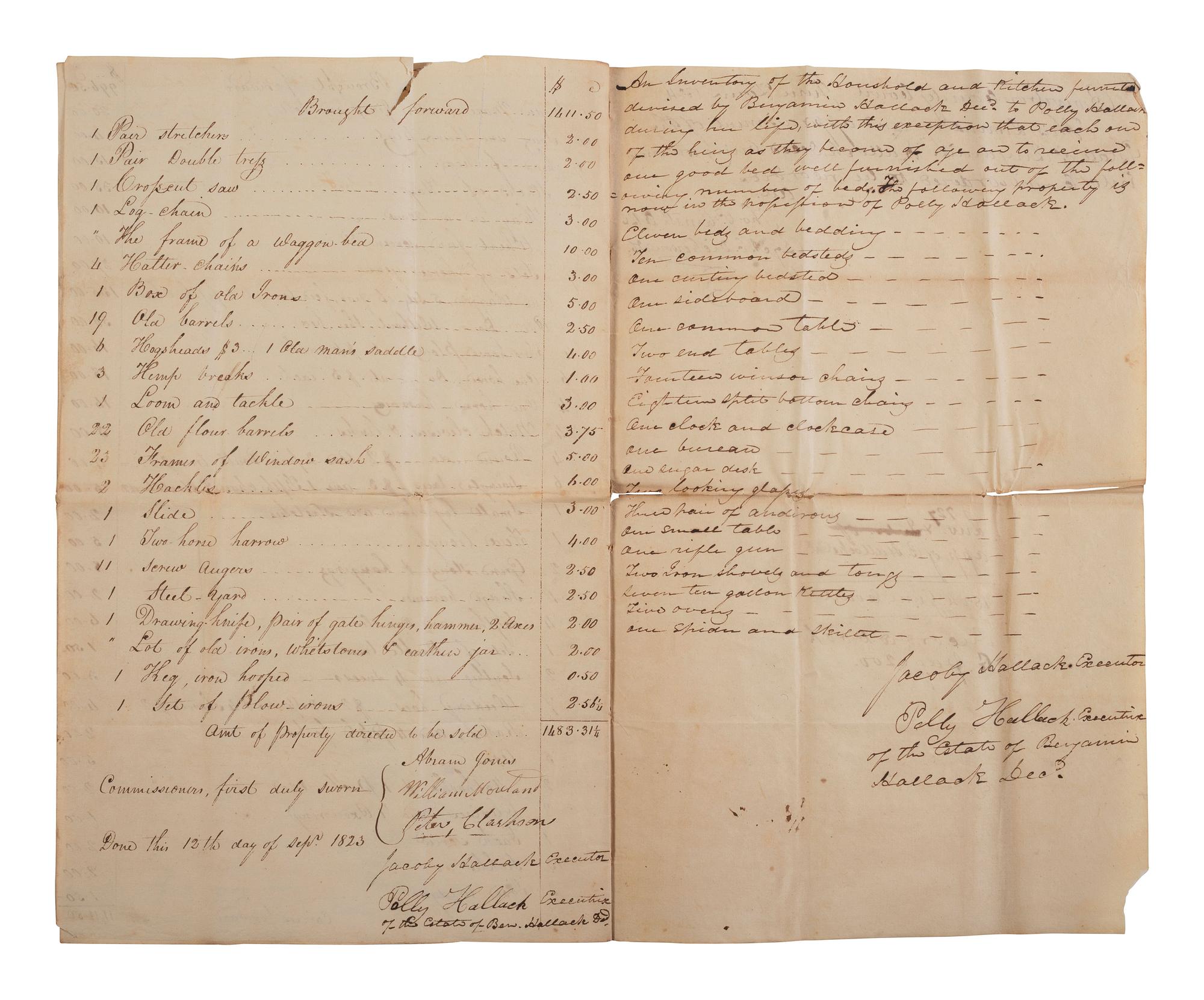 [ENSLAVEMENT & ABOLITION]. Estate inventory document listing 37 enslaved persons, most with names and ages recorded, including 7 who have "sued for their freedom." Bourbon County, KY, 12 September 1823.