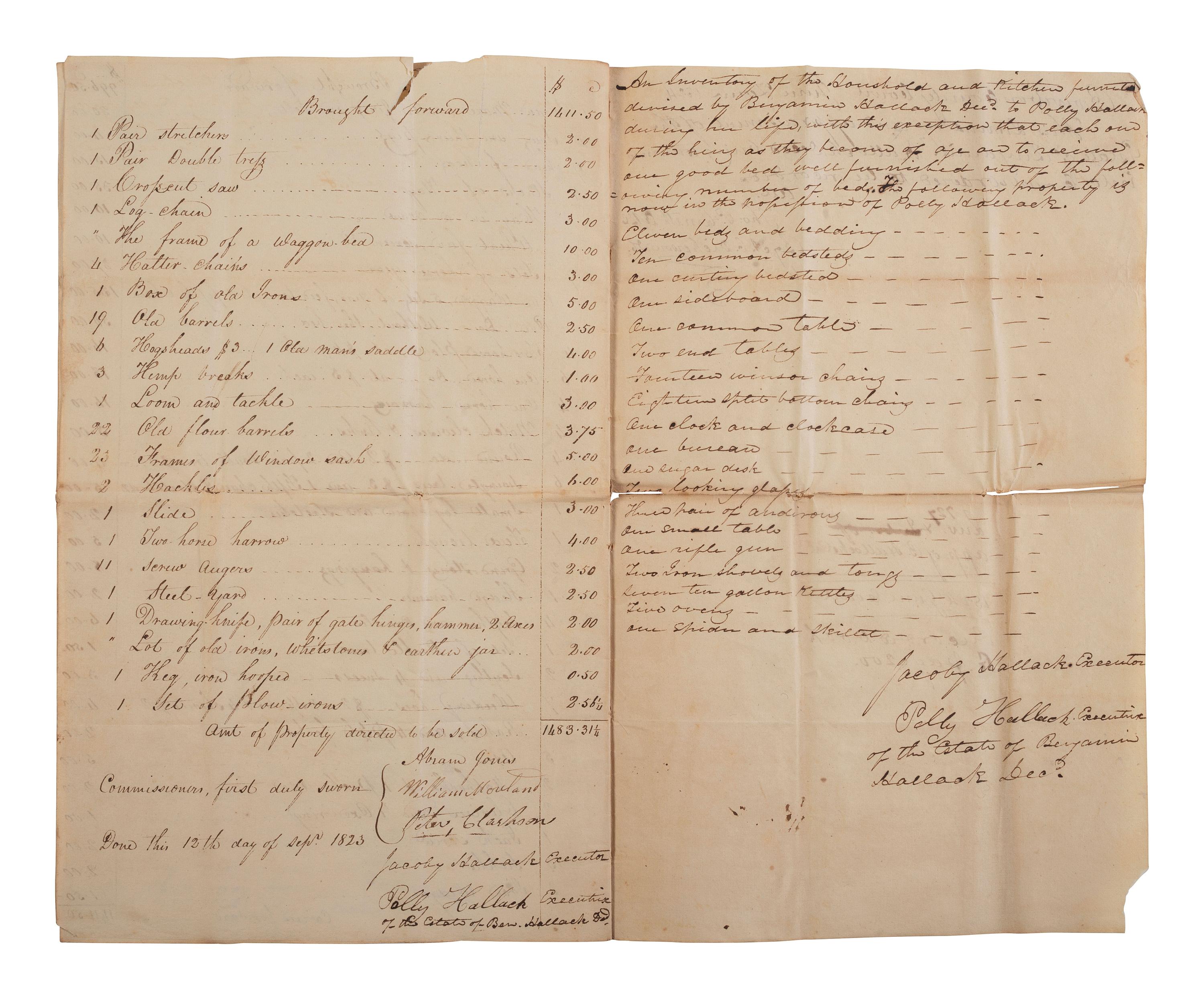 [ENSLAVEMENT & ABOLITION]. Estate inventory document listing 37 enslaved persons, most with names and ages recorded, including 7 who have "sued for their freedom." Bourbon County, KY, 12 September 1823.