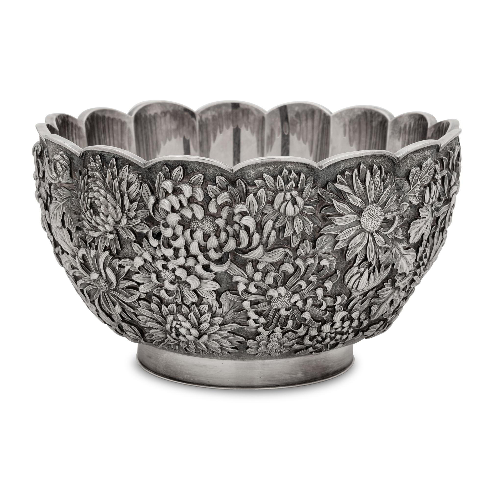 A Japanese Silver Chrysanthemum Bowl