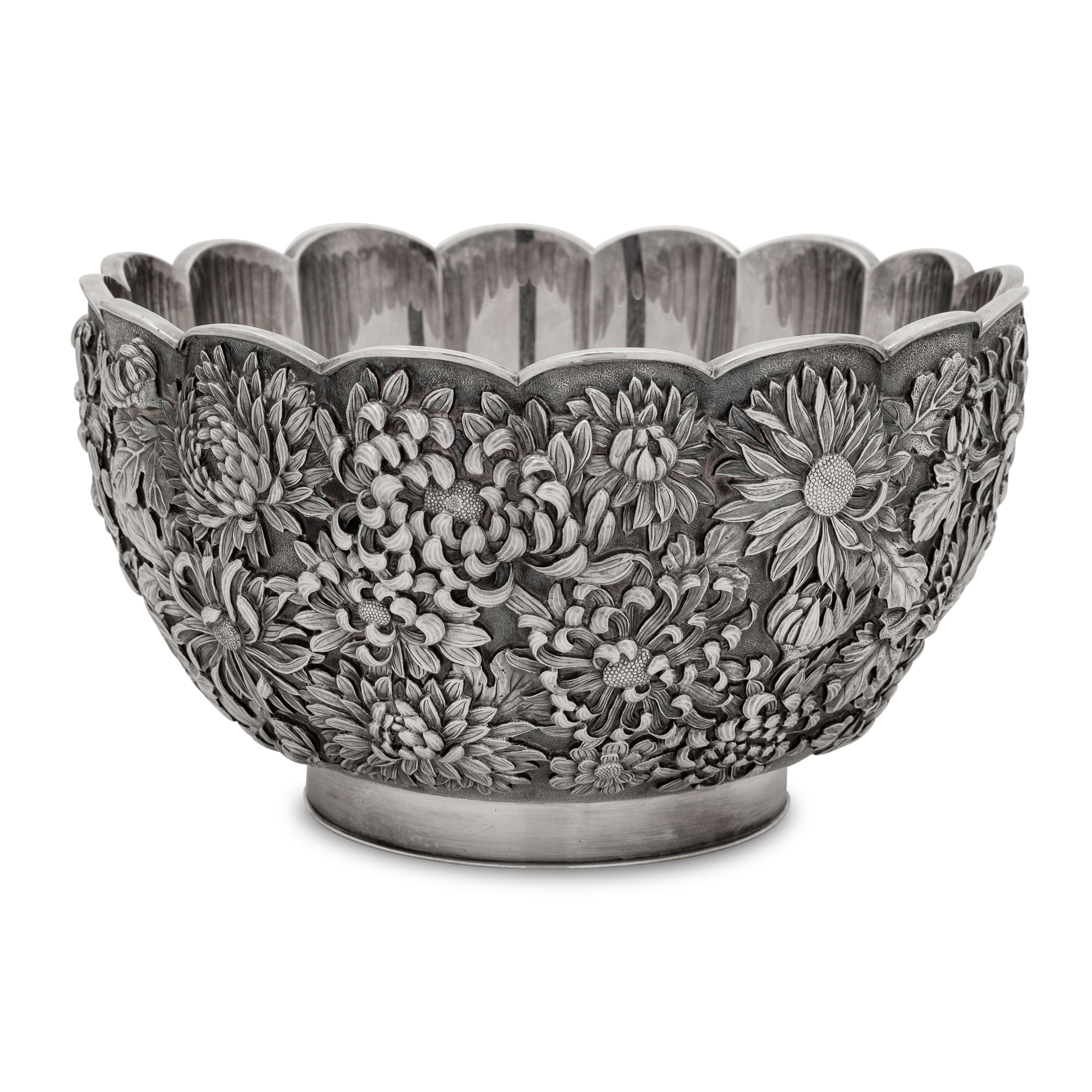 A Japanese Silver Chrysanthemum Bowl