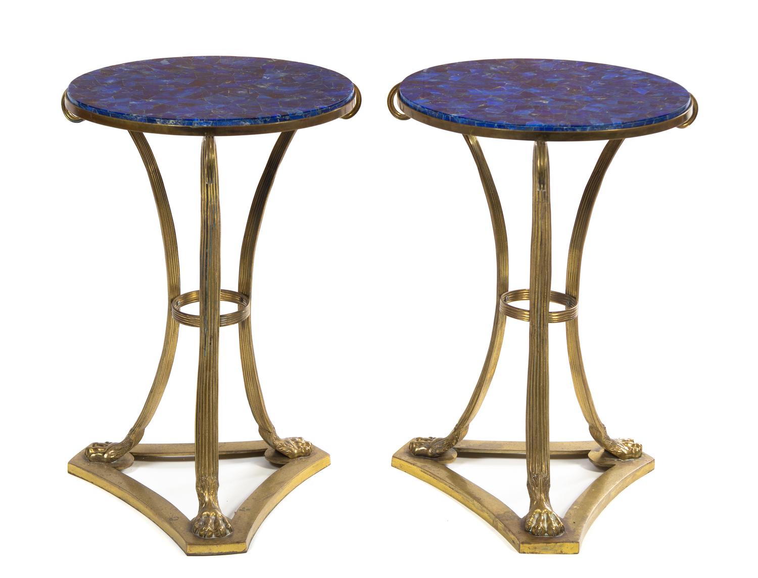 A Pair of Neoclassical Gilt Bronze and Lapis Lazuli Tables Height 27 x diameter of top 18 inches. — LATE 19TH/EARLY 20TH CENTURY