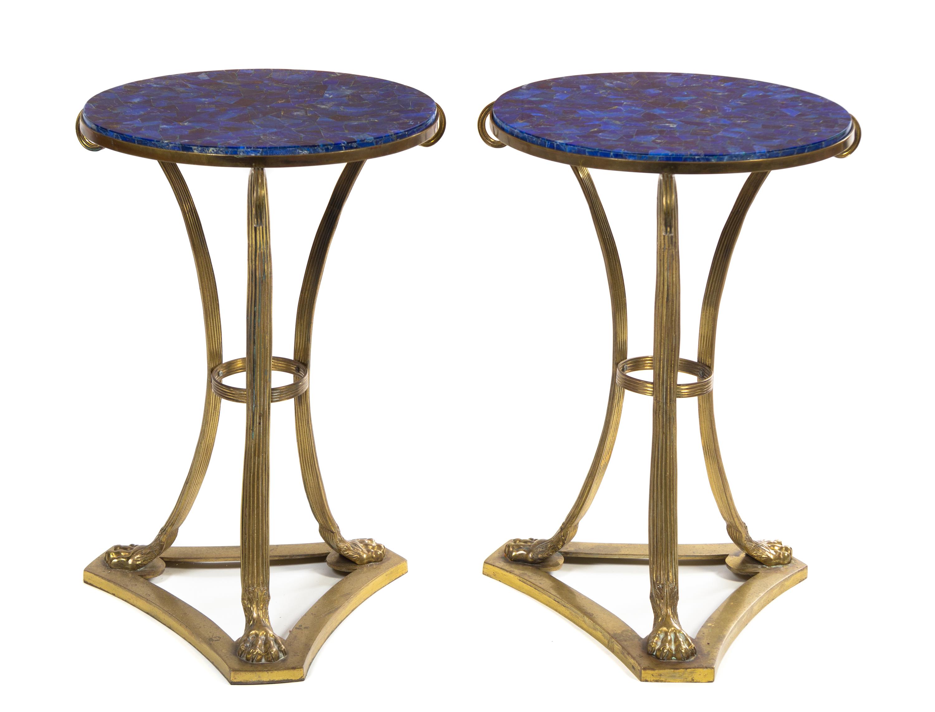 A Pair of Neoclassical Gilt Bronze and Lapis Lazuli Tables Height 27 x diameter of top 18 inches. — LATE 19TH/EARLY 20TH CENTURY