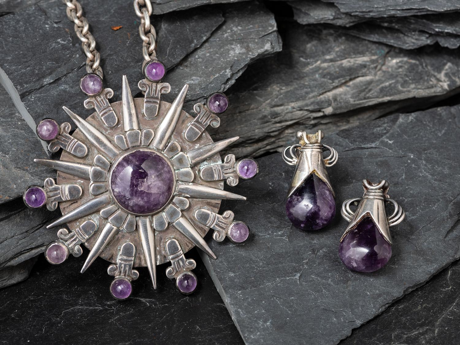 Taxco Silver and Amethyst Matching Brooch/Pin and Necklace, 1940-1946
