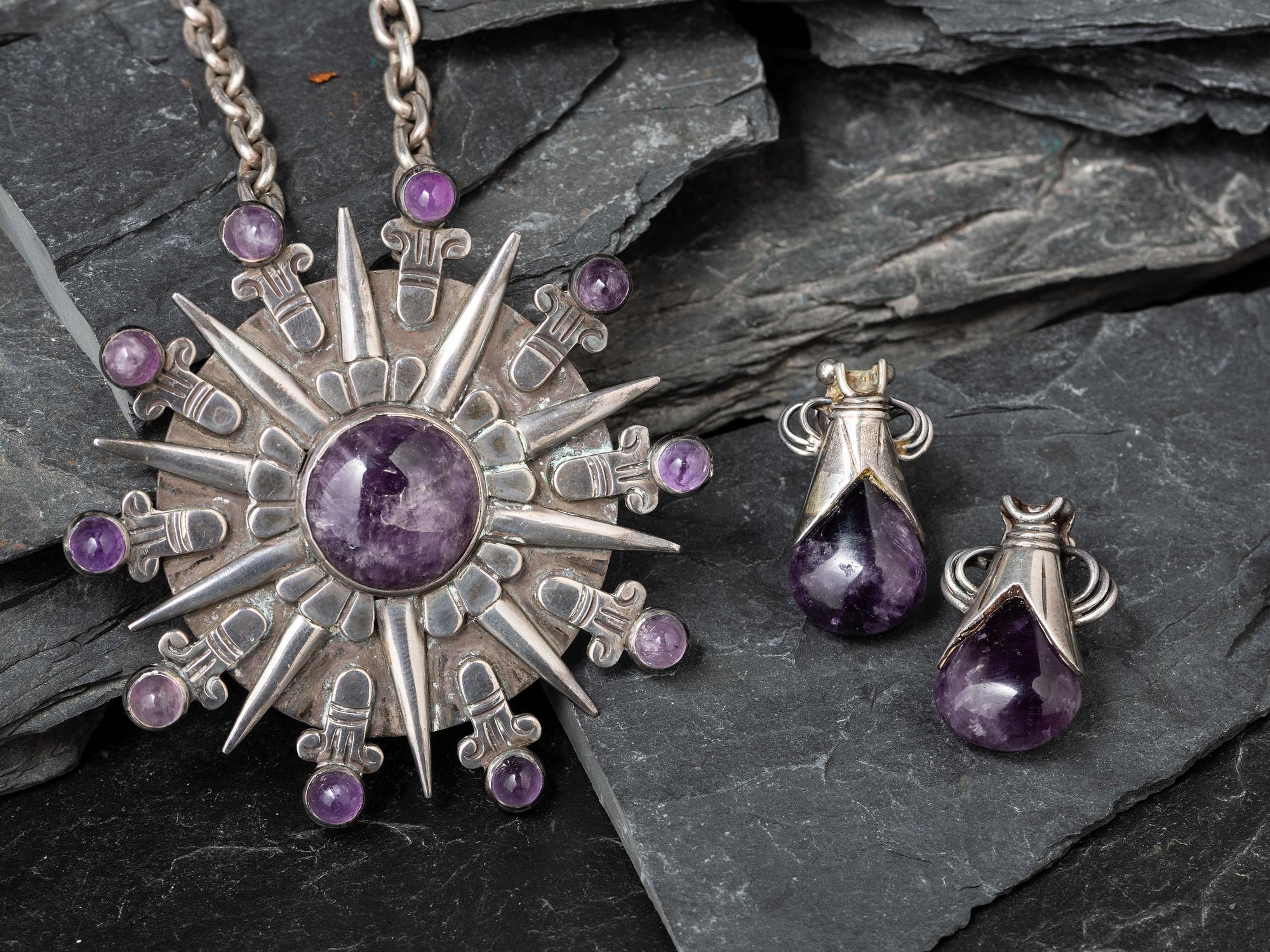 Taxco Silver and Amethyst Matching Brooch/Pin and Necklace, 1940-1946