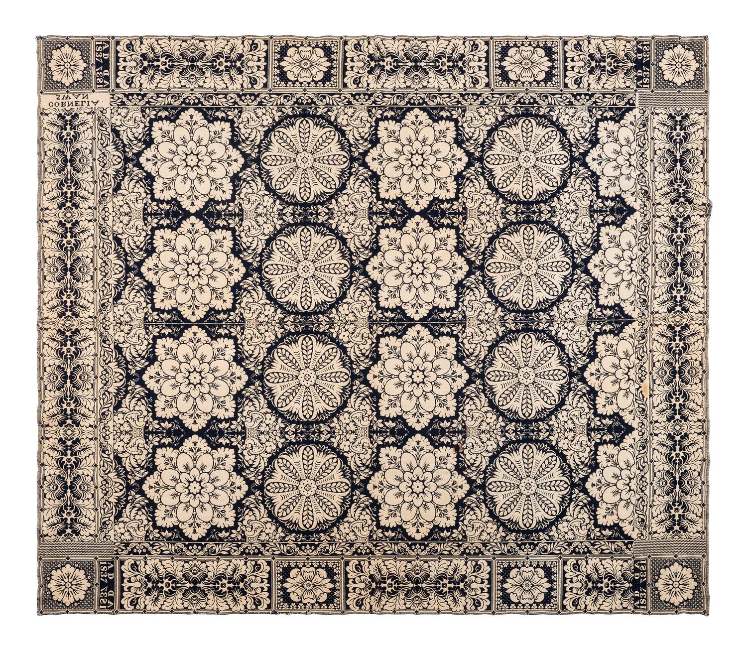 A Blue and White Jacquard Woven Liberty Coverlet