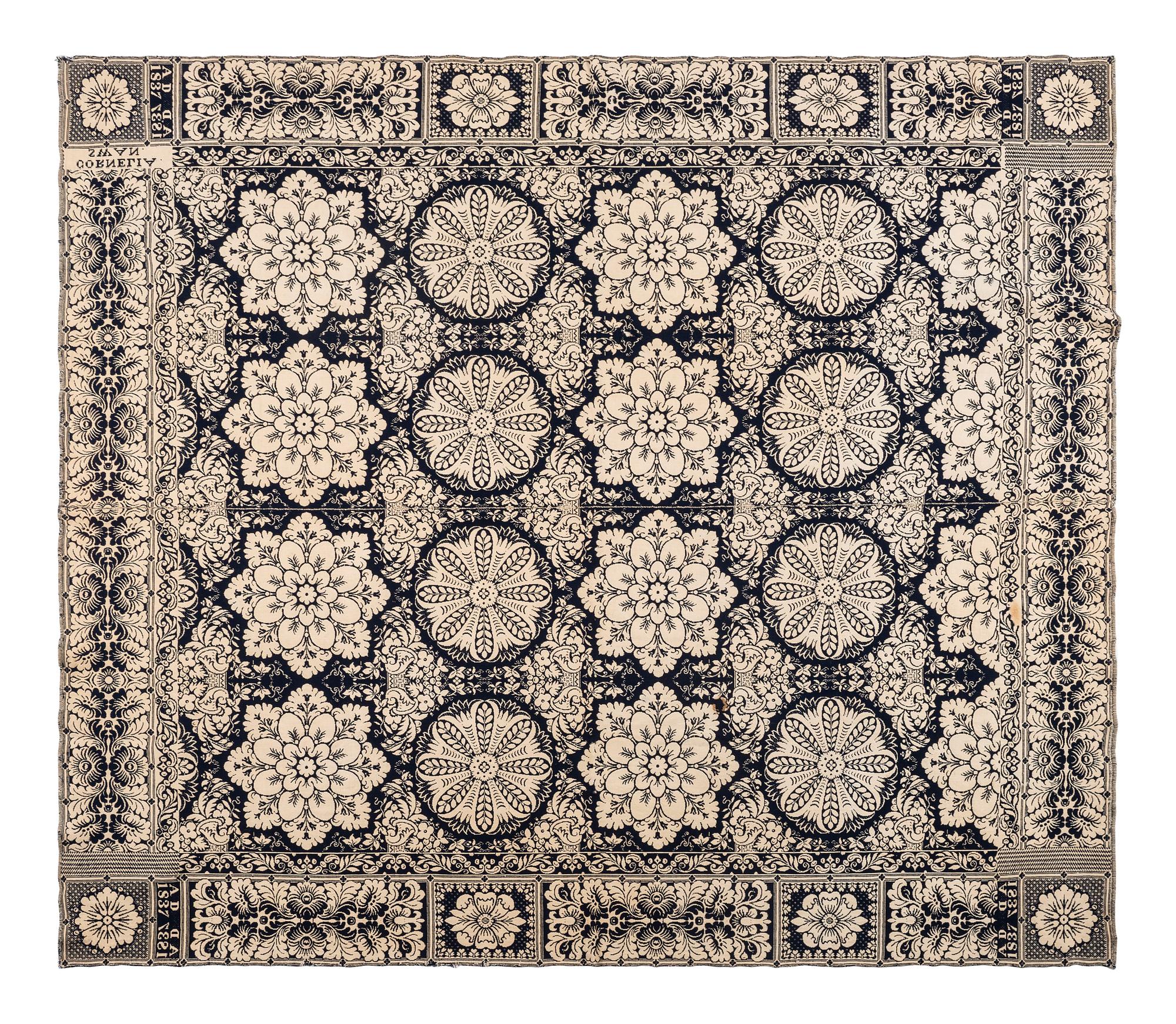 A Blue and White Jacquard Woven Liberty Coverlet