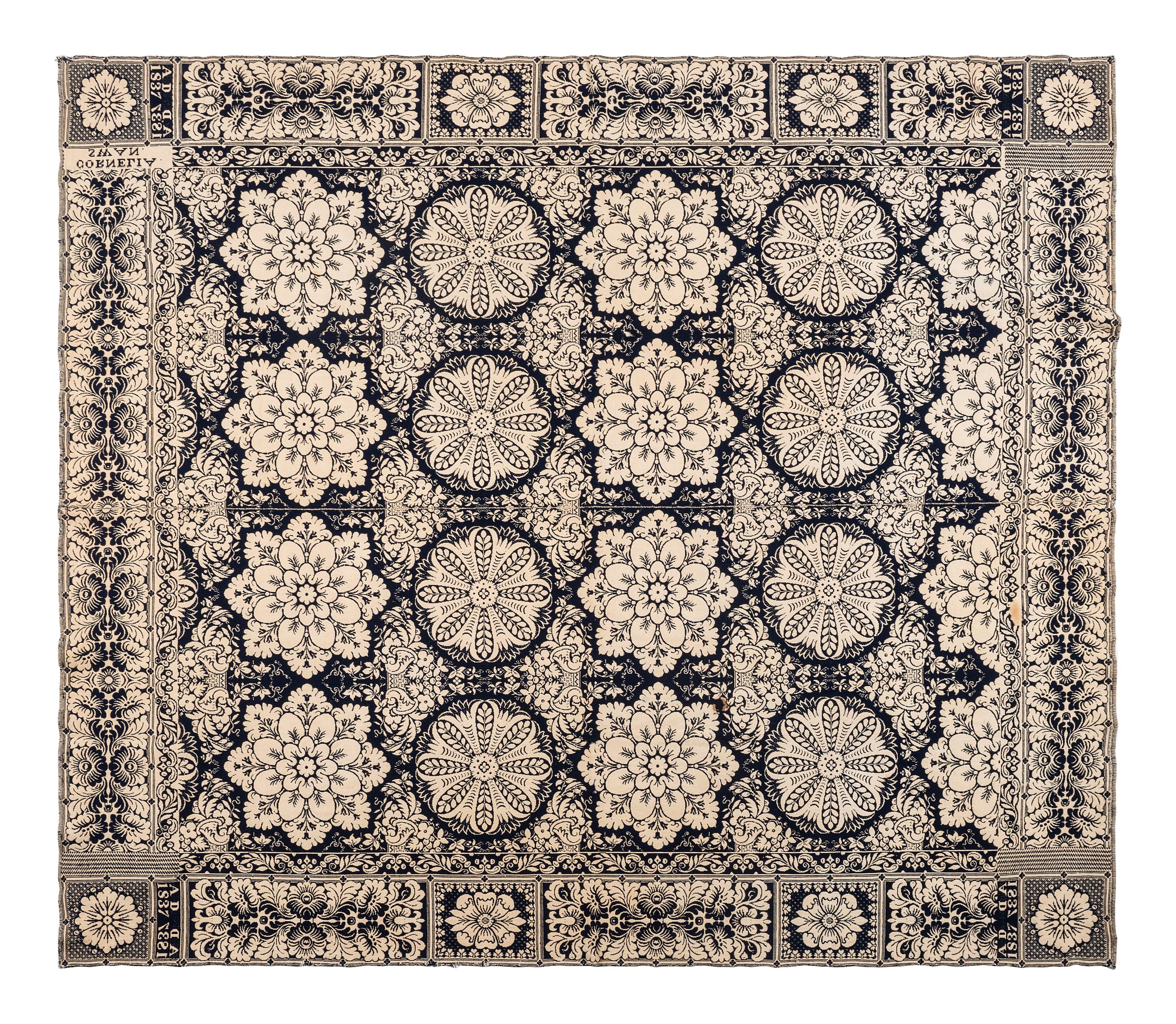 A Blue and White Jacquard Woven Liberty Coverlet
