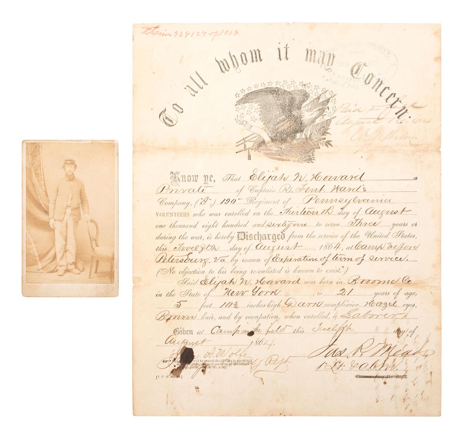 [CIVIL WAR]. Small archive associated with Private Elijah N. Howard, Co. I, 42nd Pennsylvania Infantry, the "Bucktails," incl. 1862 diary and CDV.