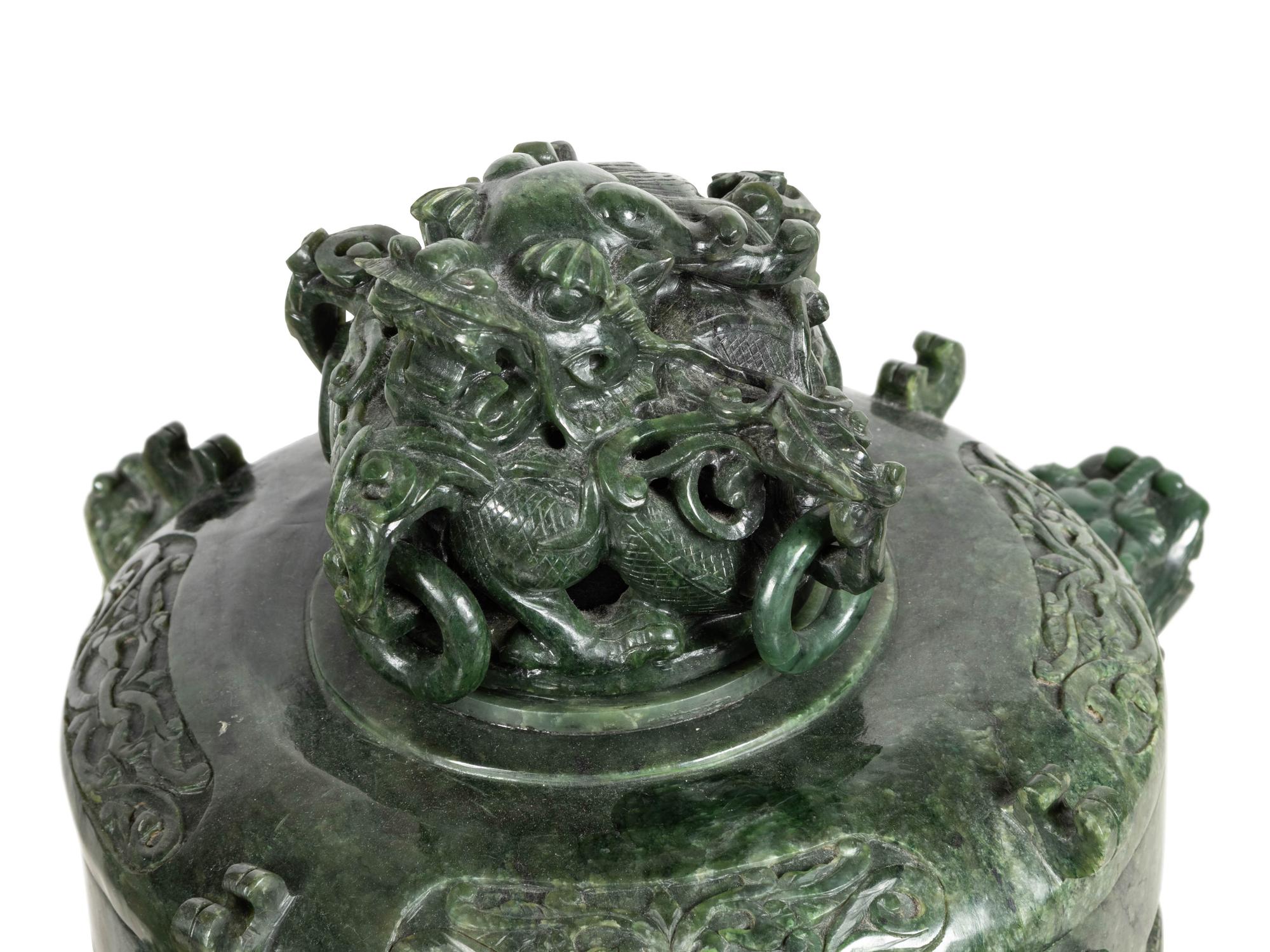 A Pair of Chinese Export Carved Hardstone Covered Vessels and Fitted Carved Hardwood Stands