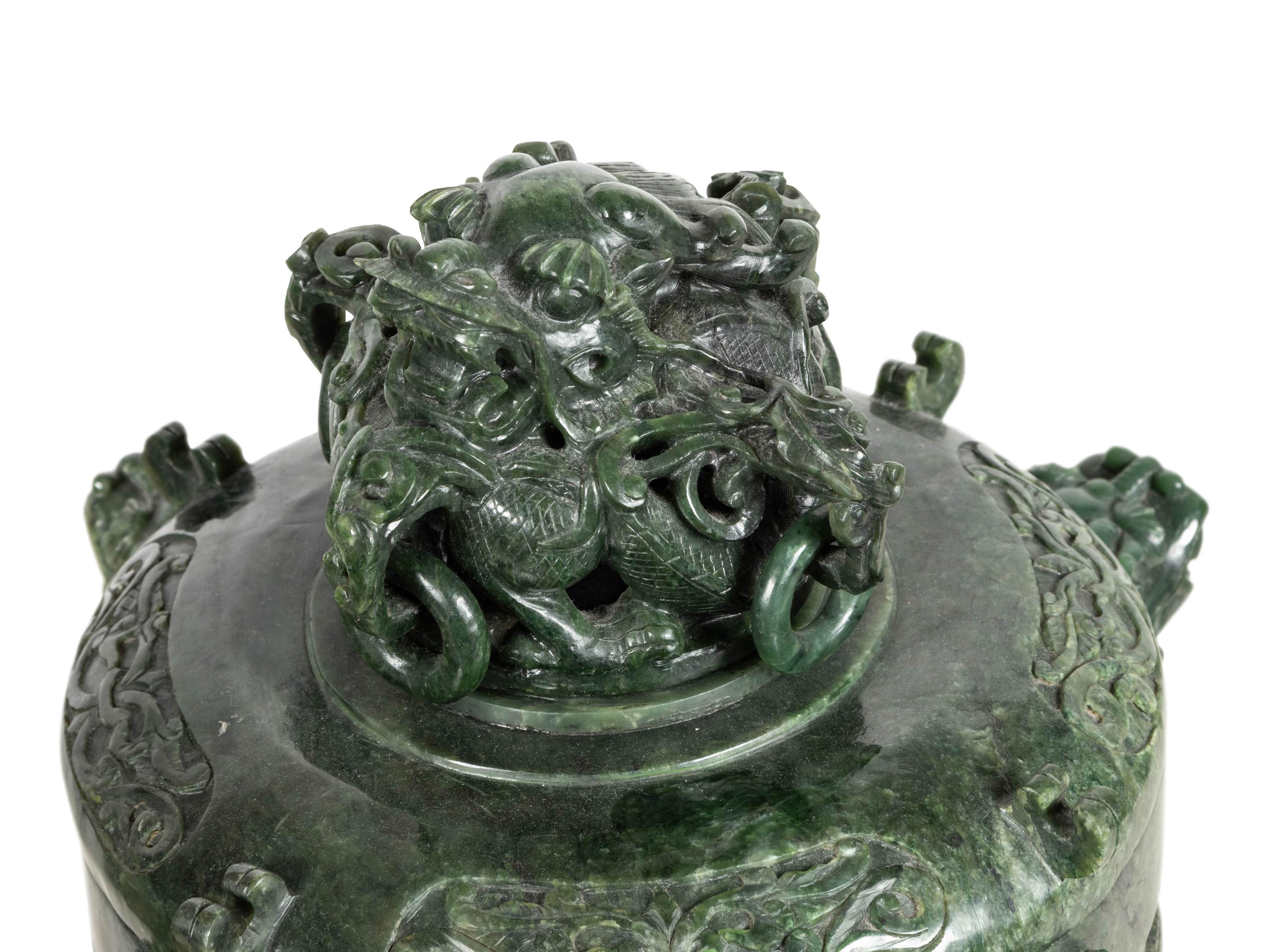 A Pair of Chinese Export Carved Hardstone Covered Vessels and Fitted Carved Hardwood Stands