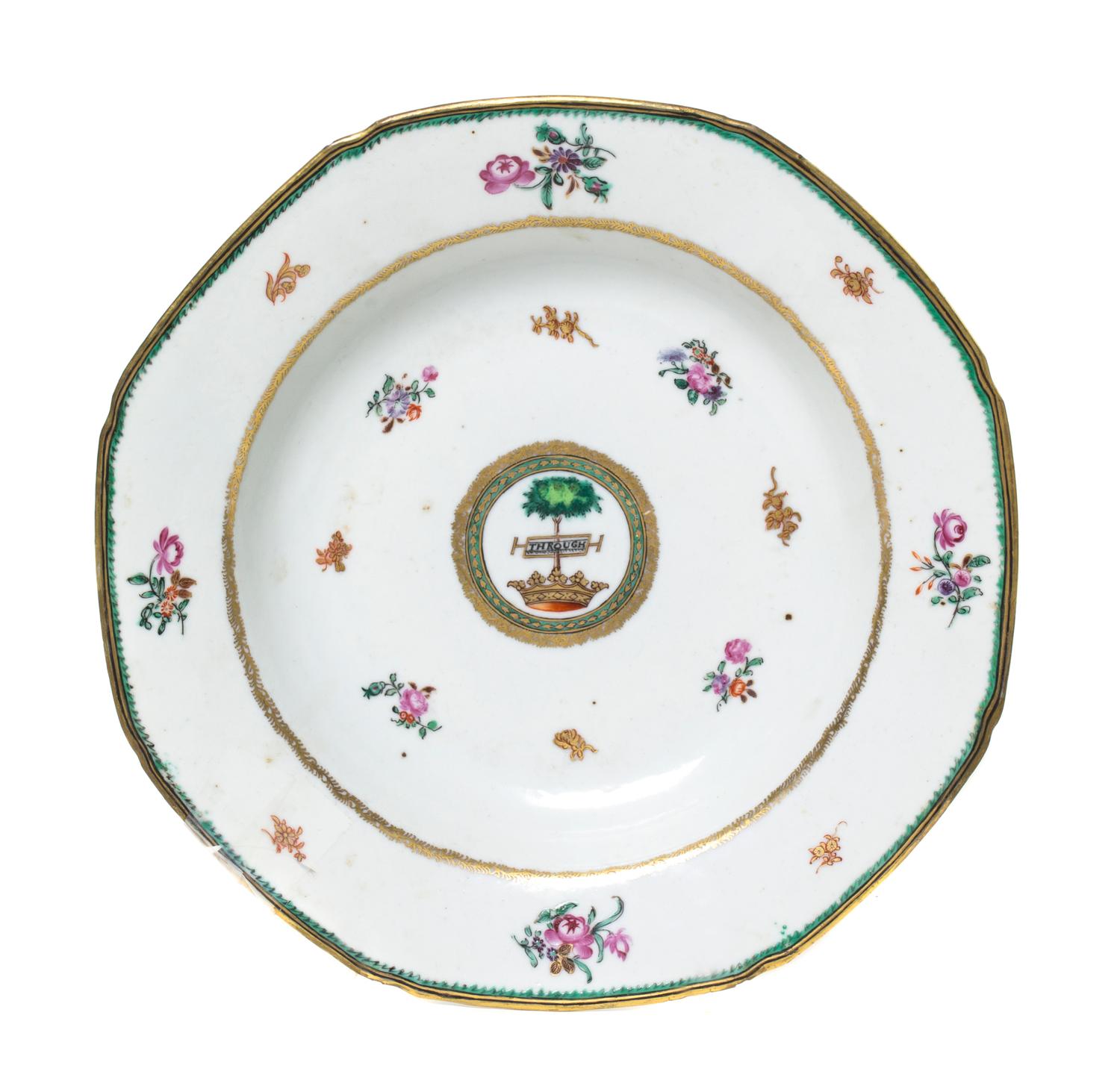 A Chinese Export Porcelain Armorial Bowl, Width at widest 9 1/4 inches.