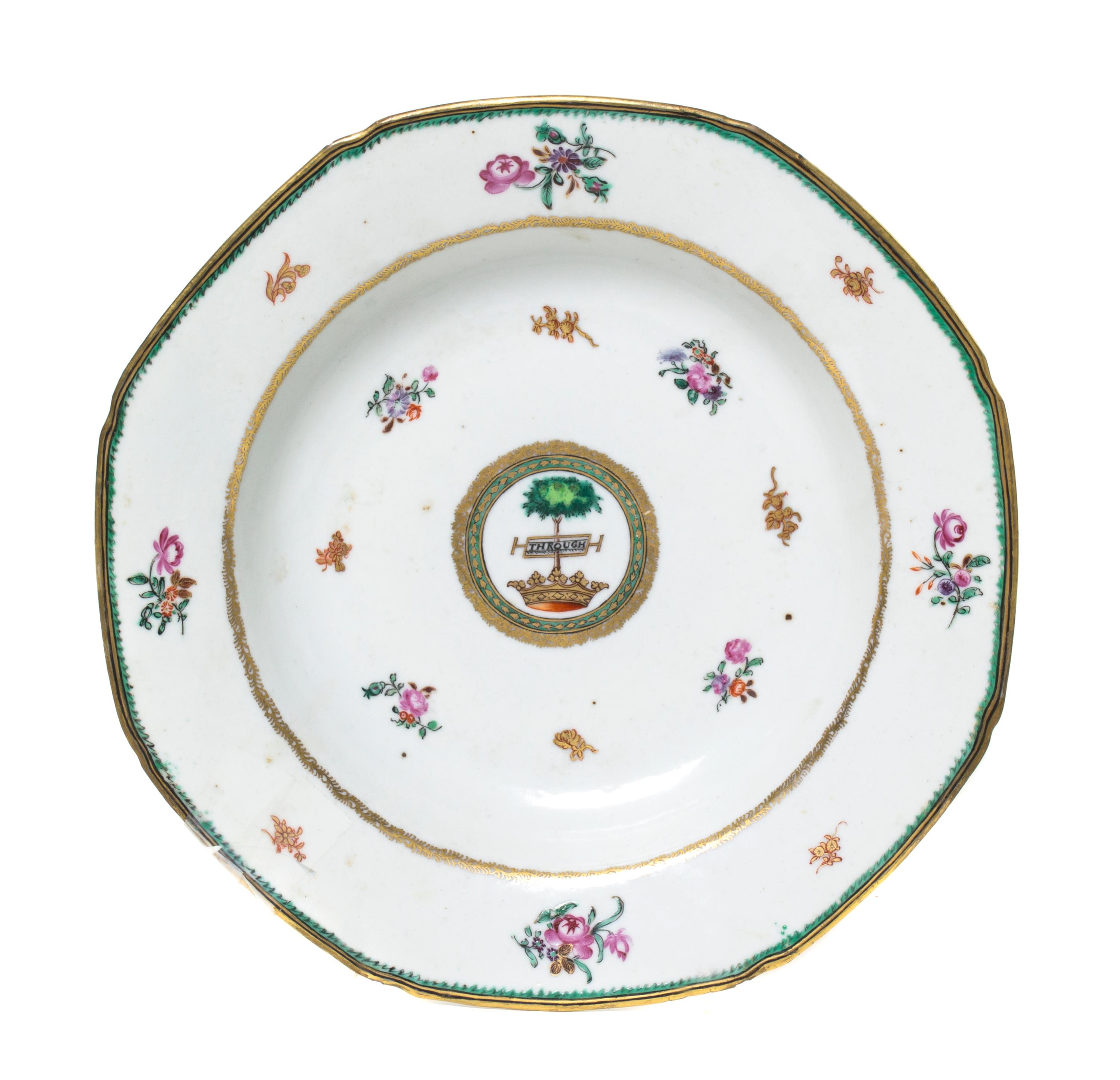 A Chinese Export Porcelain Armorial Bowl, Width at widest 9 1/4 inches.