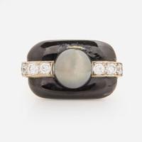An 18K Yellow Gold, Black Pearl, and Diamond Ring