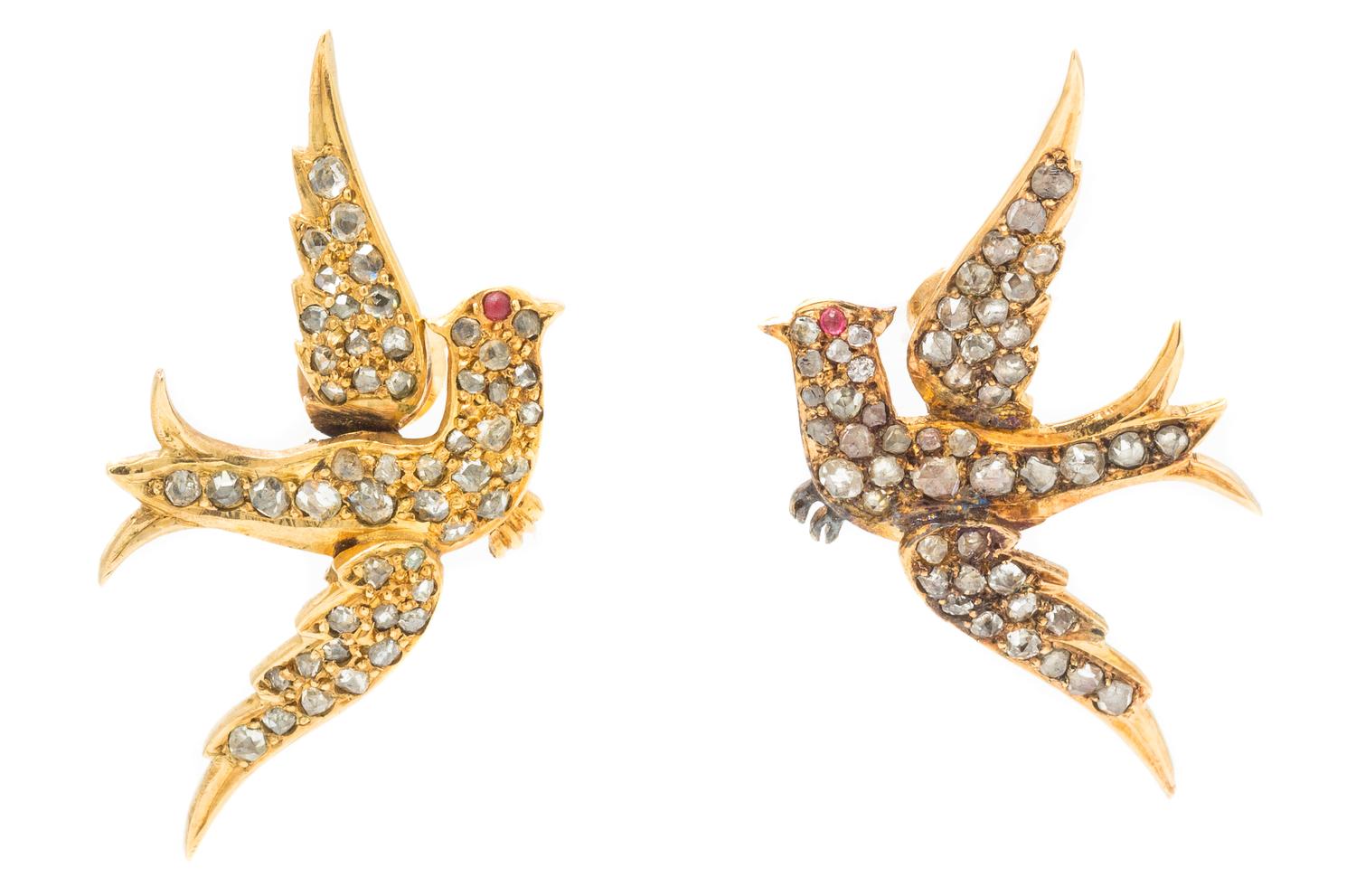 A Pair of Victorian Yellow Gold, Diamond and Ruby Bird Motif Earrings, 3.30 dwts.