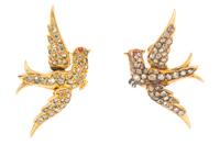 A Pair of Victorian Yellow Gold, Diamond and Ruby Bird Motif Earrings, 3.30 dwts.
