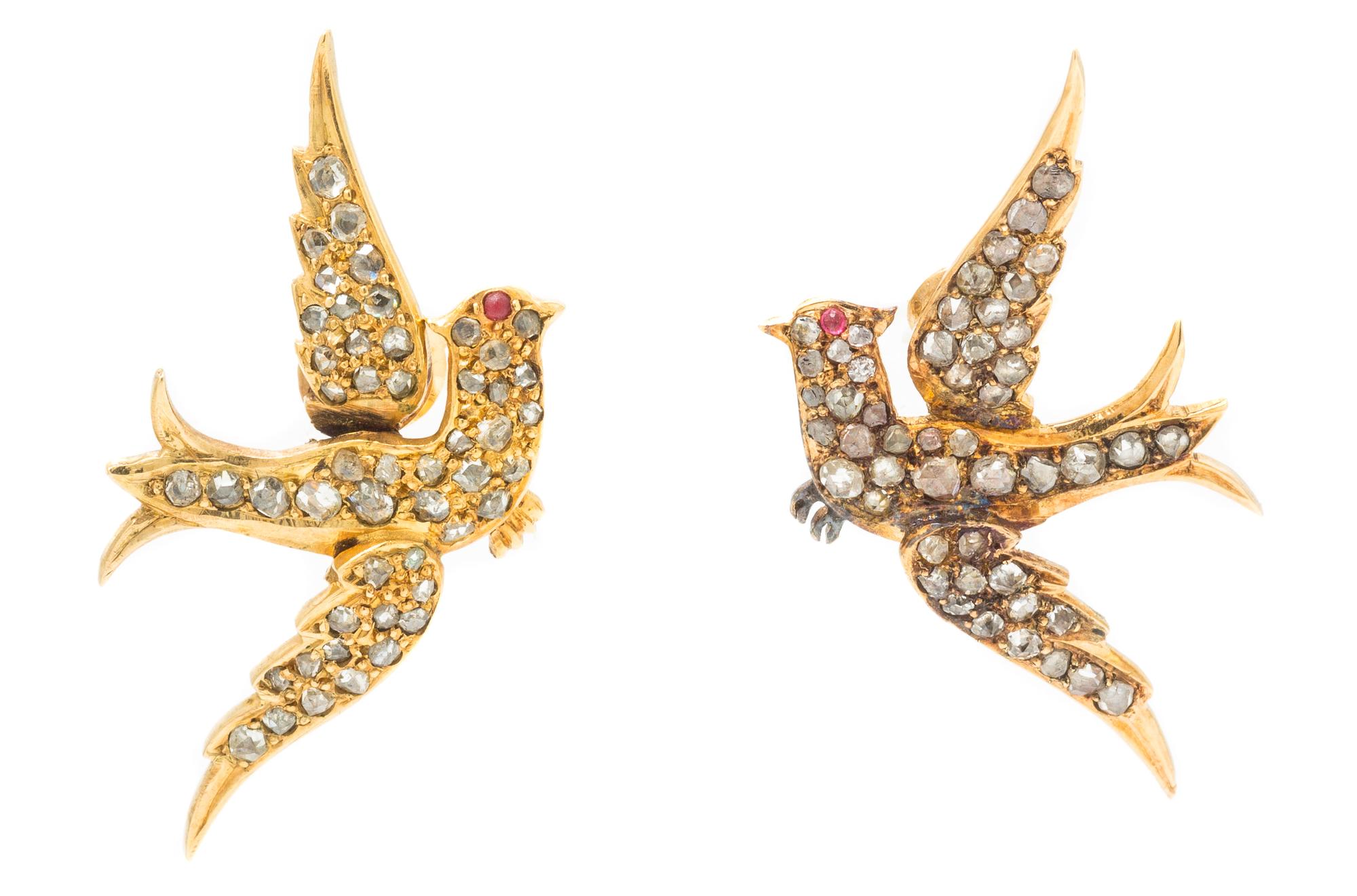 A Pair of Victorian Yellow Gold, Diamond and Ruby Bird Motif Earrings, 3.30 dwts.