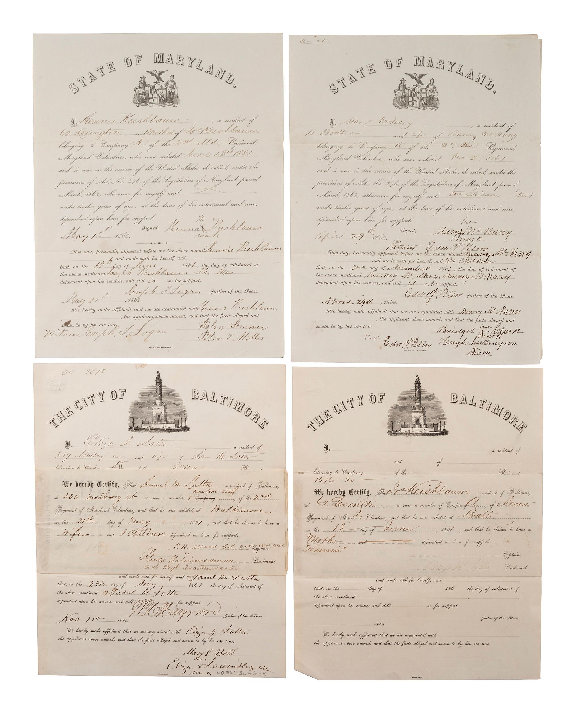 [CIVIL WAR-MARYLAND]. Applications for support & pre-war bonds of appropriations for miltias.