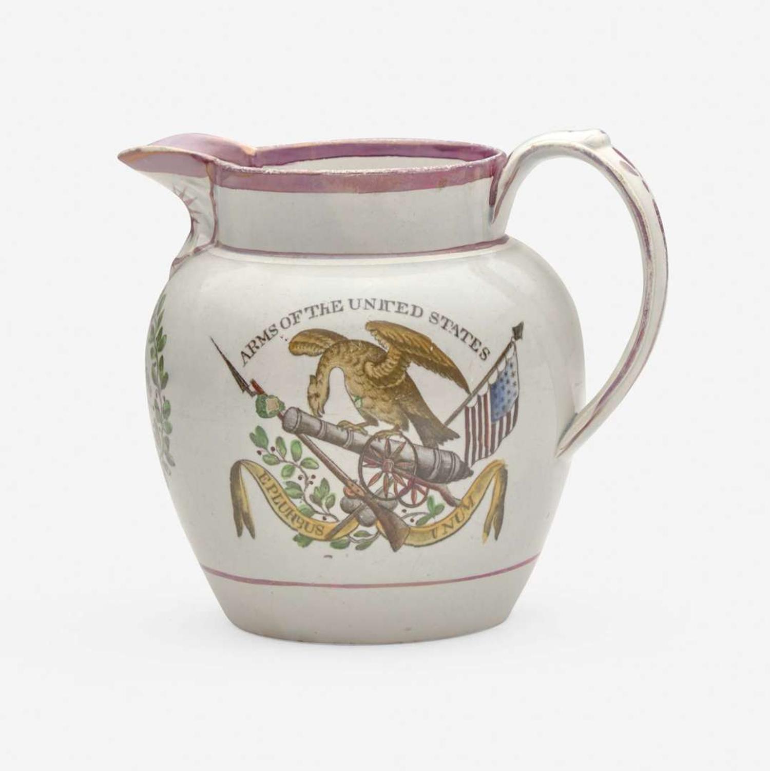 A small Staffordshire enamel and transfer-decorated pearlware jug England, early 19th century