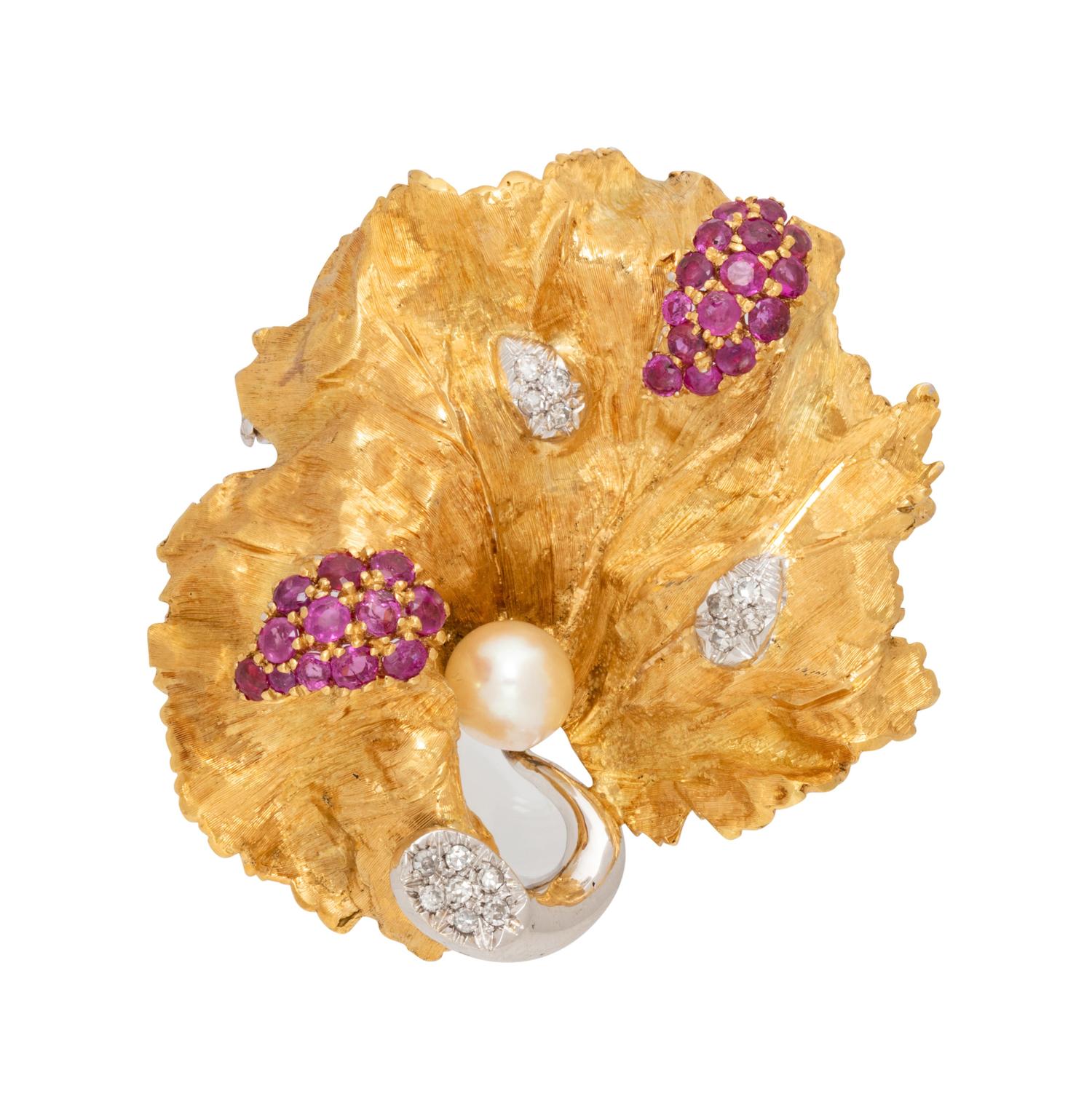 An 18 Karat Bicolor Gold, Cultured Pearl, Ruby and Diamond Brooch,