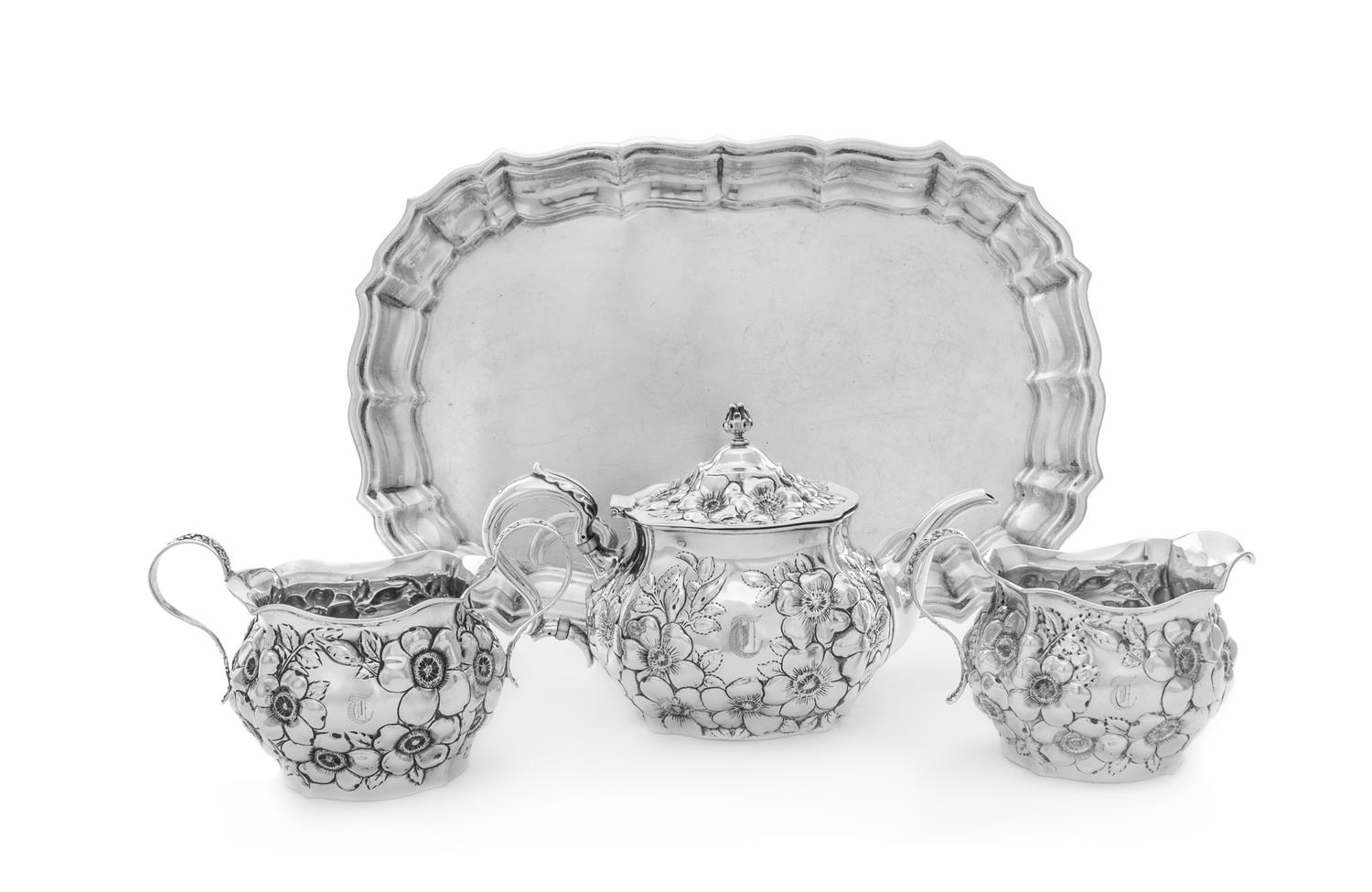 An American Silver Three-Piece Tea Service, Whiting Mfg. Co., New York, NY, comprising a teapot, a creamer and a covered sugar, togethe