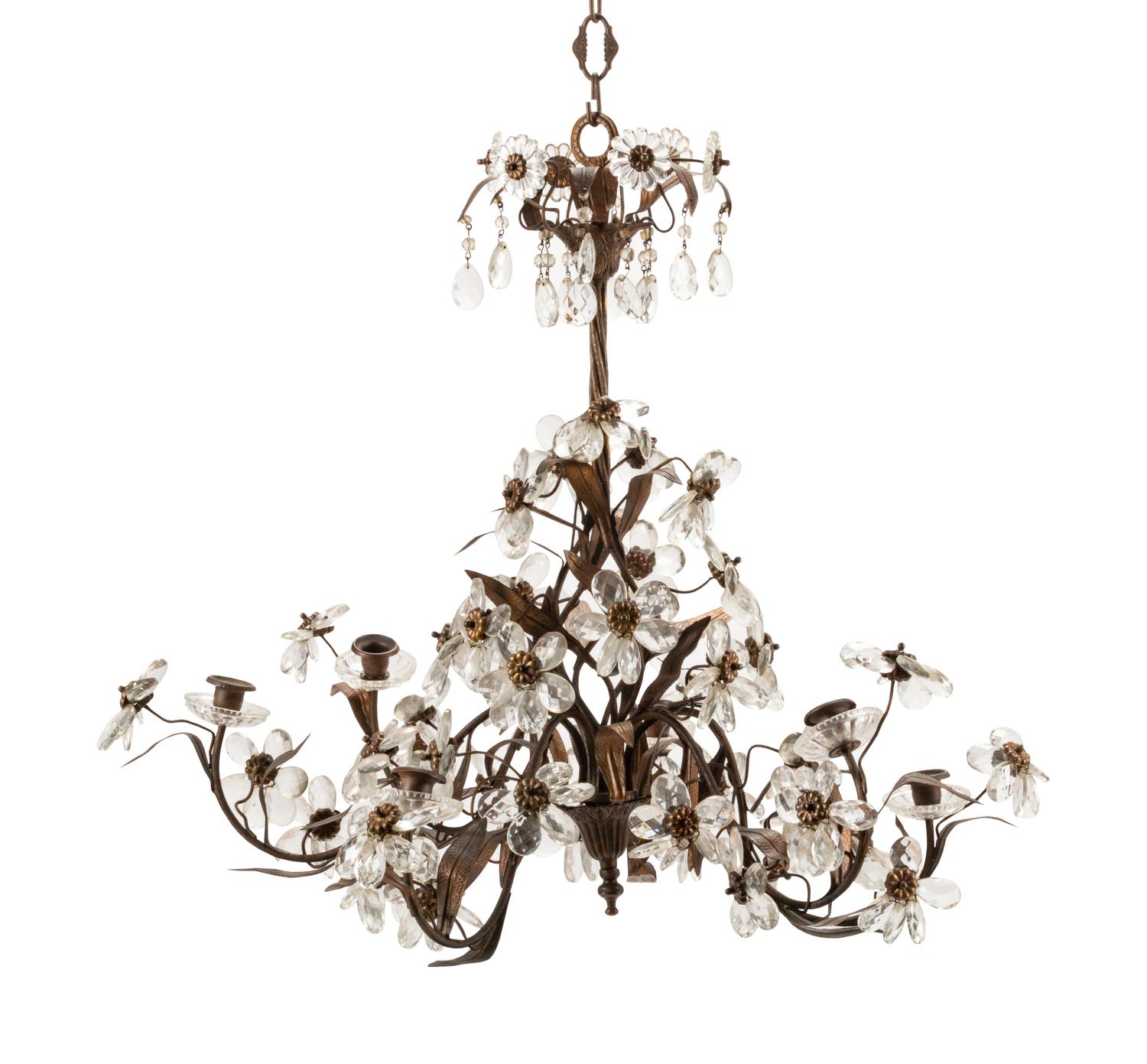 A French Iron, Tôle and Glass Six-Light Chandelier
