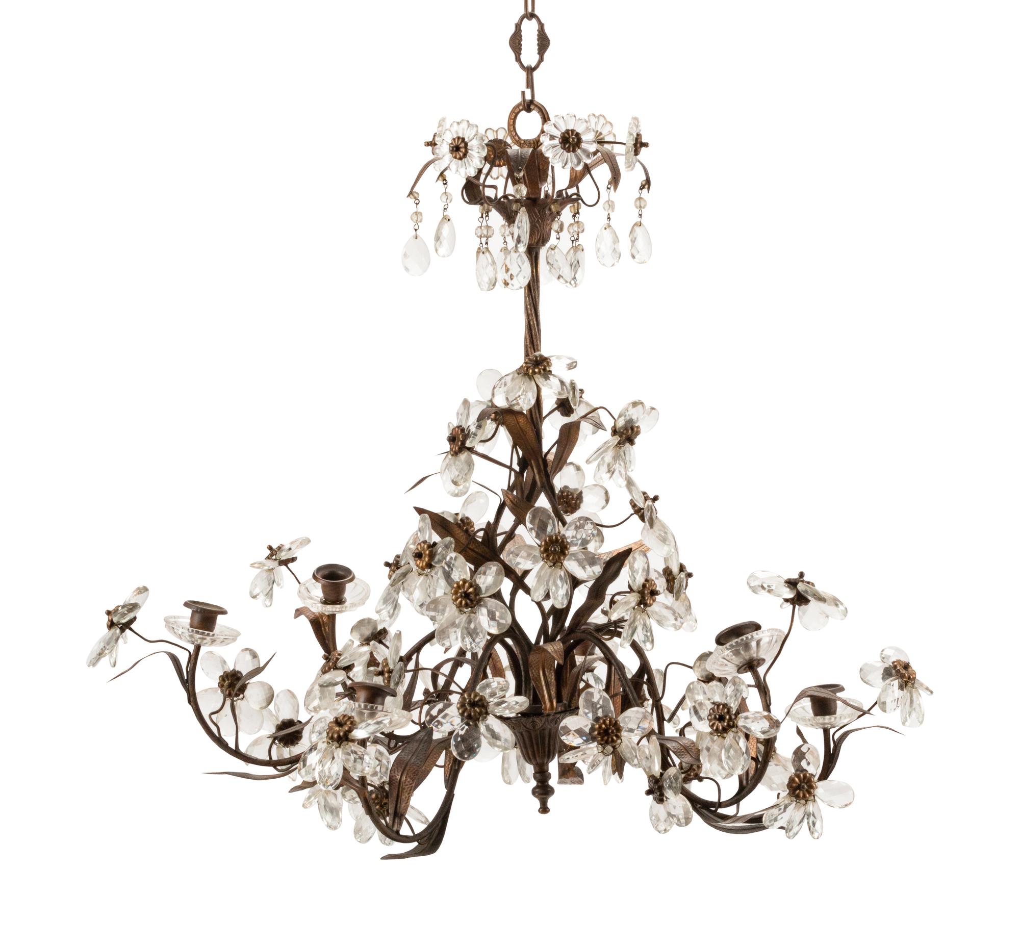 A French Iron, Tôle and Glass Six-Light Chandelier