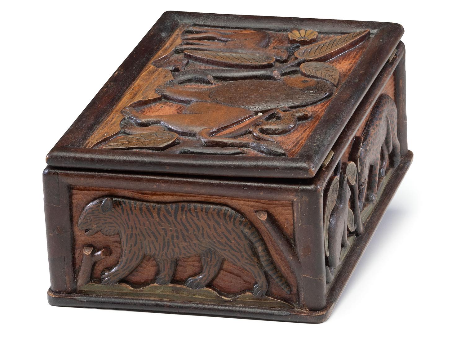 A Folk Art Polychrome Painted Pine Dresser Box with Exotic Animals