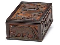 A Folk Art Polychrome Painted Pine Dresser Box with Exotic Animals