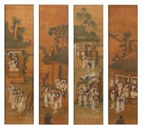 Attributed to Yu Ji, (1738-1823), depicting ladies of leisure in a garden scene with pavilion and plantain trees.