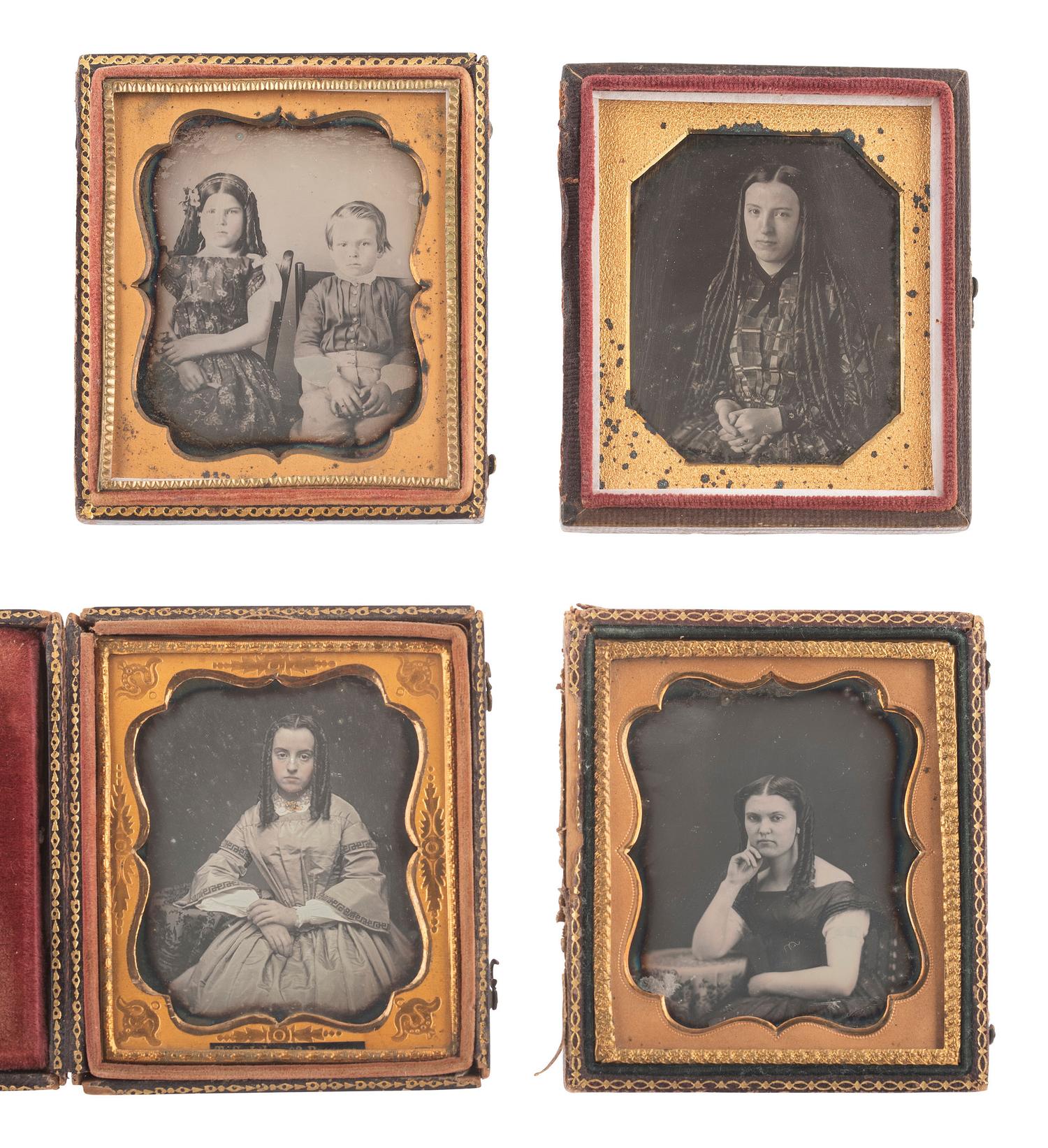 [EARLY PHOTOGRAPHY]. 14 sixth plate daguerreotypes of women and girls with curled and braided hair.