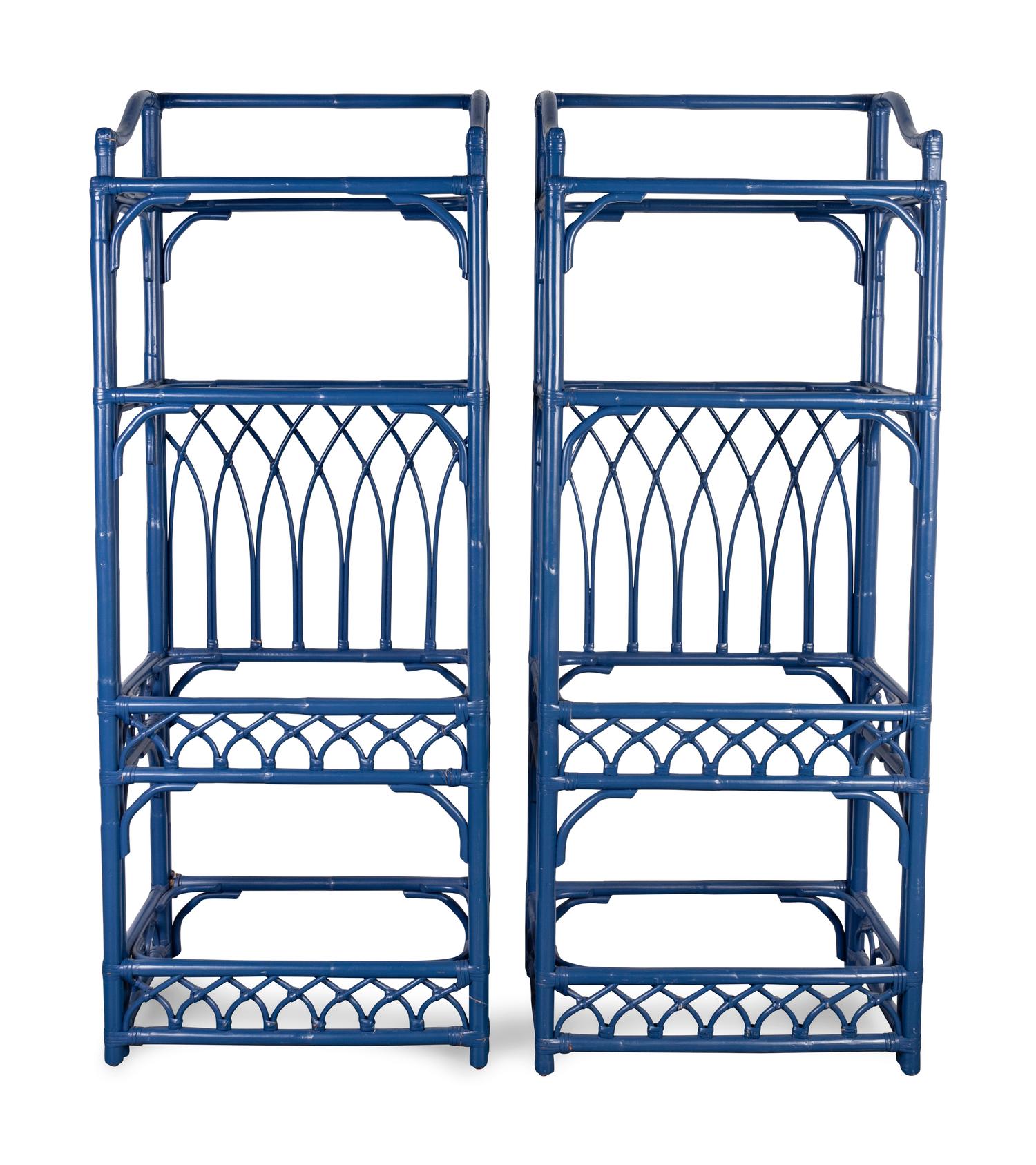 A Pair of Contemporary Blue-Painted Rattan Bookshelves — 20TH/21ST CENTURY