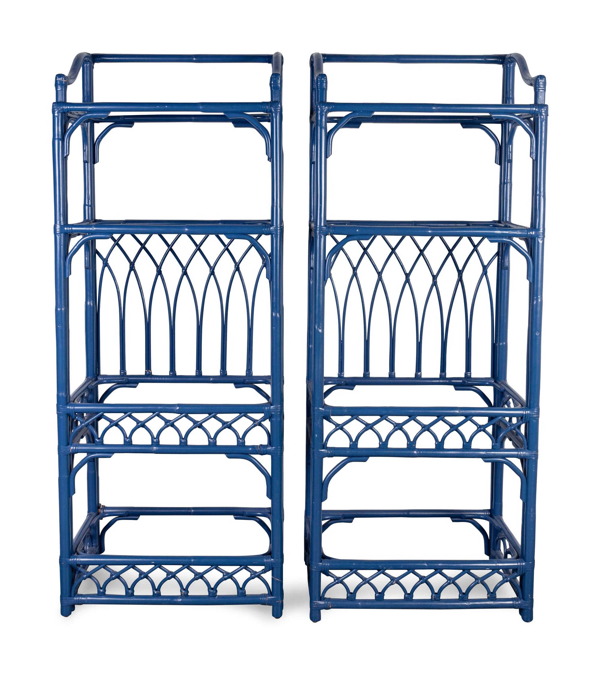 A Pair of Contemporary Blue-Painted Rattan Bookshelves — 20TH/21ST CENTURY