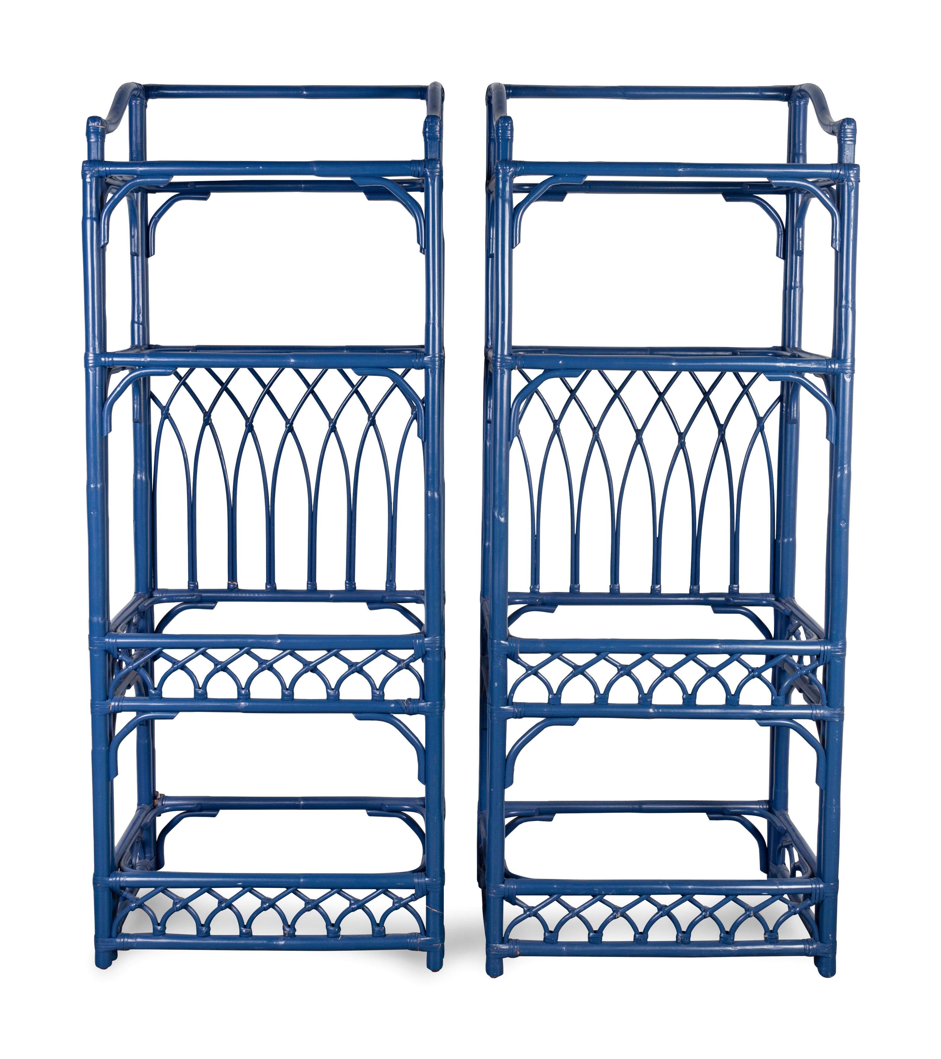 A Pair of Contemporary Blue-Painted Rattan Bookshelves — 20TH/21ST CENTURY